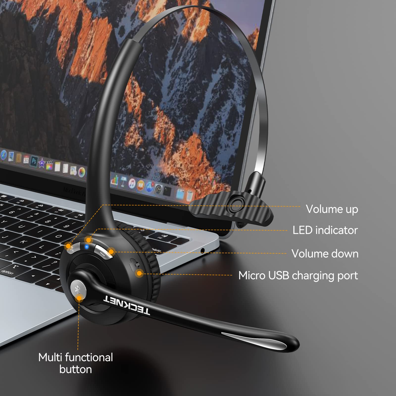 TECKNET Bluetooth Headset - Wireless On-Ear Headphones with Noise Cancelling Mic for Truckers | Hands-Free Headset with Mute Function for Phone Calls | Perfect for Long-Haul Driving, Office Work & Online Meetings