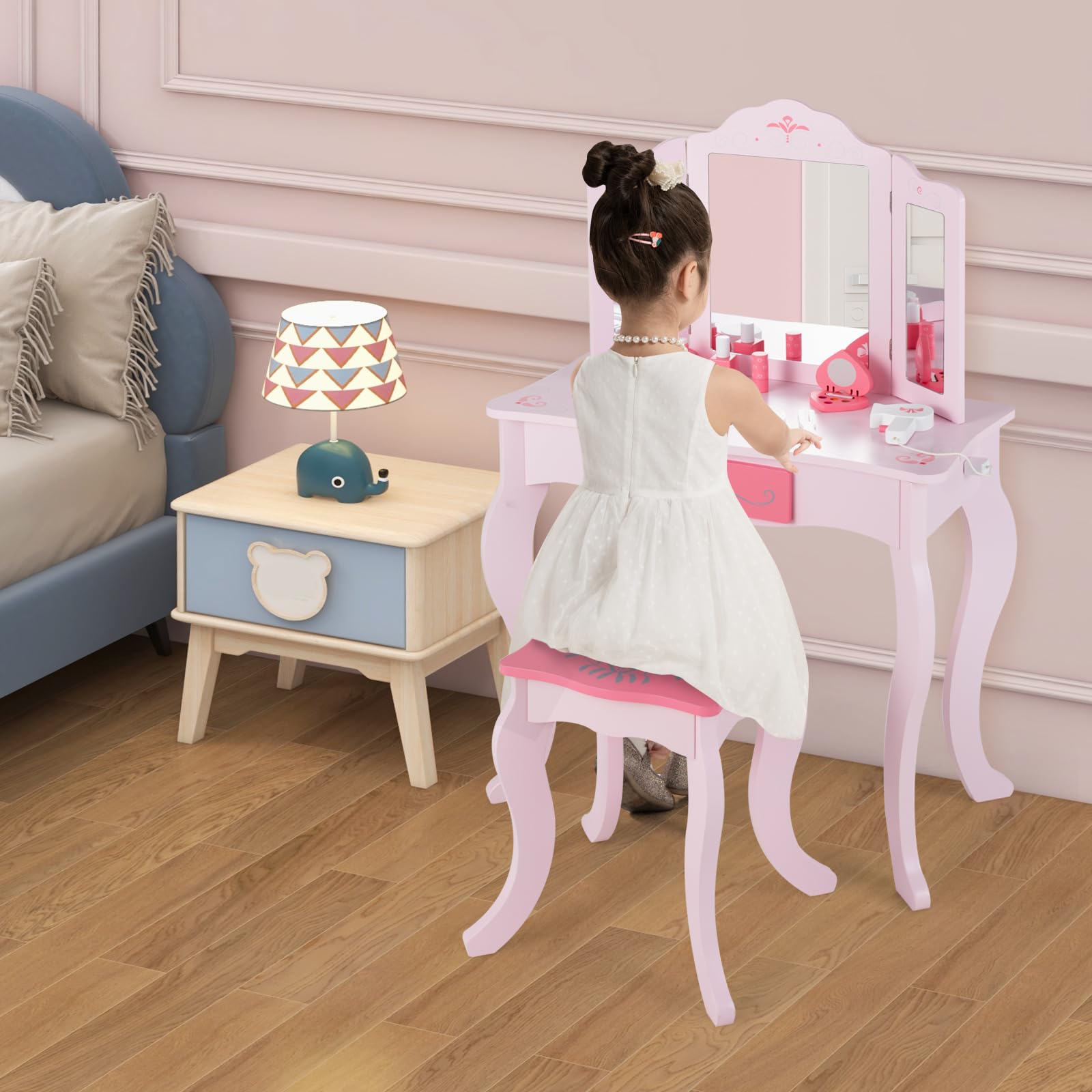 INFANS Kids Vanity Set - 2-in-1 Princess Makeup Table & Chair with Tri-Fold Mirror, 10 Accessories, Wooden Dressing Table for Girls - Perfect for Birthday Gifts, Pretend Play & Room Decor (Pink)