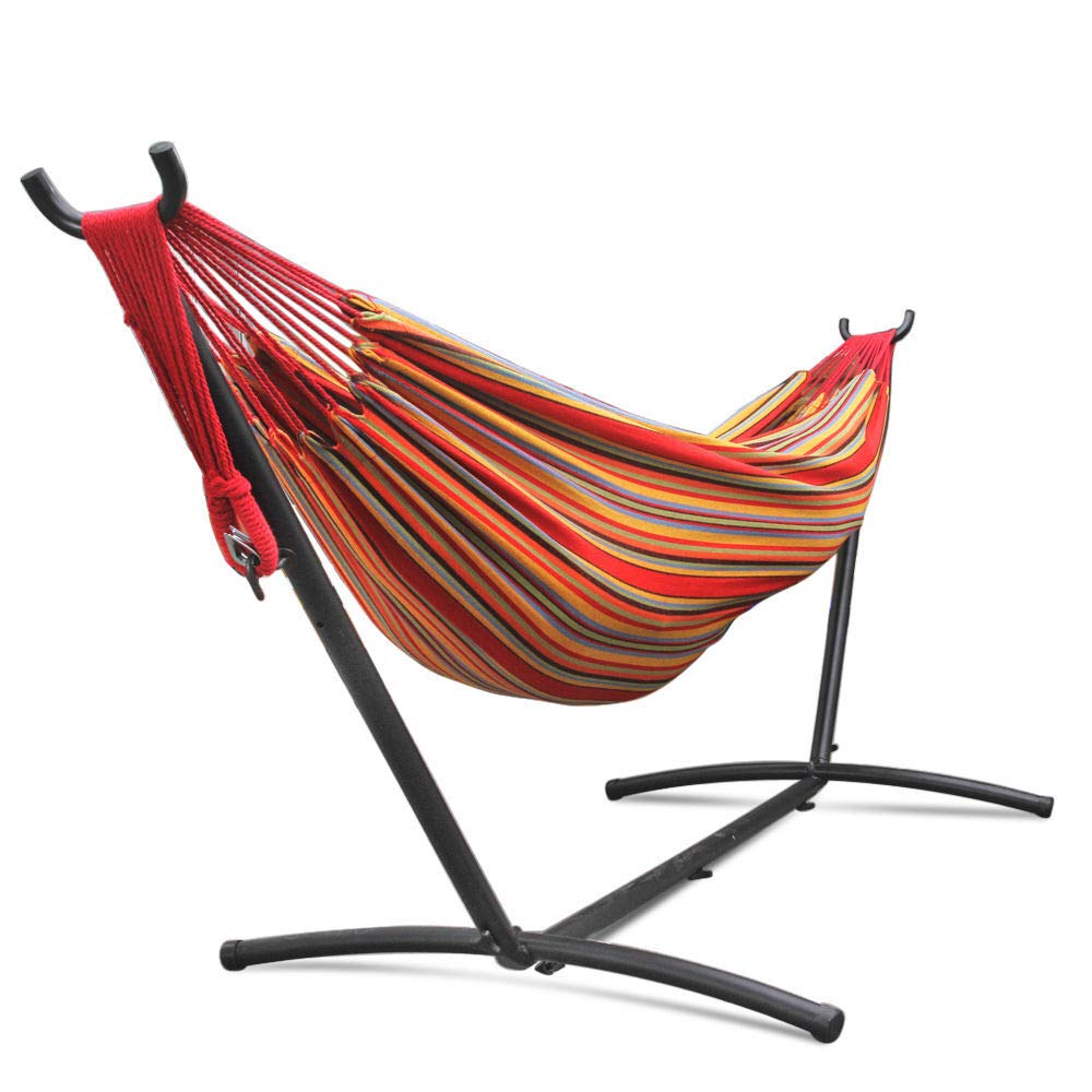Outdoor Camping Hammock with Steel Stand - Double Hammock Bed for Patio, Garden, Backyard & Porch - Durable Polyester Cotton Fabric Supports 440lbs (2 Adults) - Portable with Carry Case - Space-Saving Rainbow Striped Design - Perfect for Relaxation, Travel & Backyard Lounging
