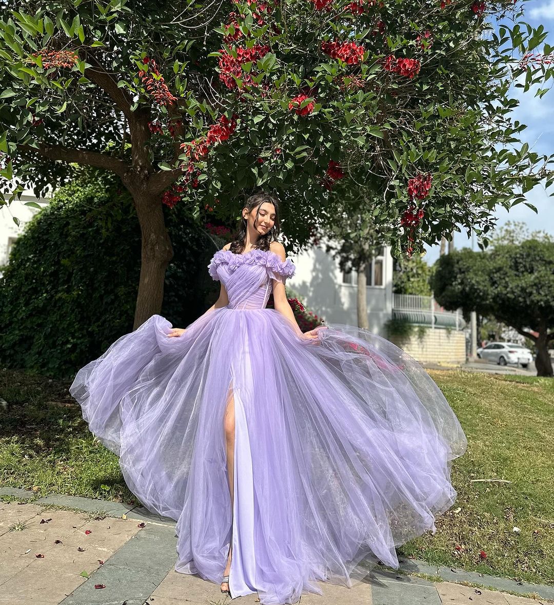 Lavender Off Shoulder Long Prom Dress A-Line Formal Evening Gown for Women - Perfect for Homecoming, Wedding Guest, and Special Occasions