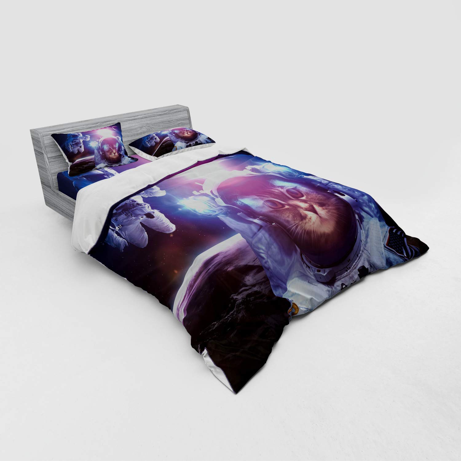 Ambesonne Space Cat Bedding Set - Queen Size 4-Piece Duvet Cover with Shams & Fitted Sheet, Astronaut & Nebula Galaxy Print in Dark Blue, White & Purple | Perfect for Sci-Fi Lovers, Kids Rooms & Unique Home Decor