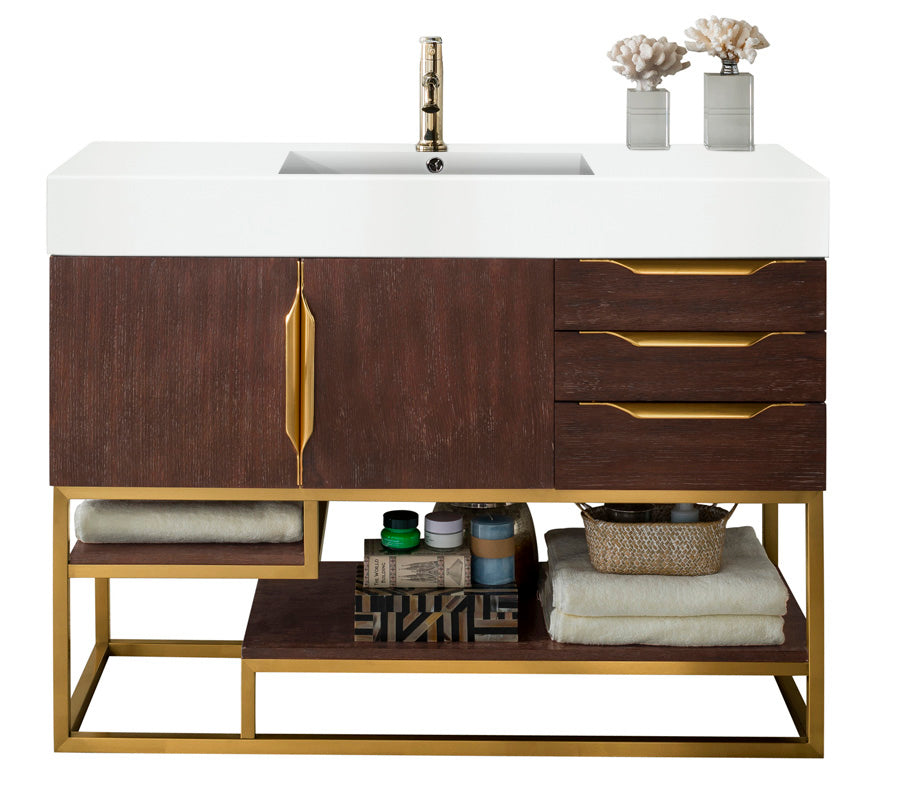Columbia 48 Inch Single Bathroom Vanity in Coffee Oak with Radiant Gold Finish & Glossy White Composite Top - Perfect for Modern Master Bathrooms & Guest Suites