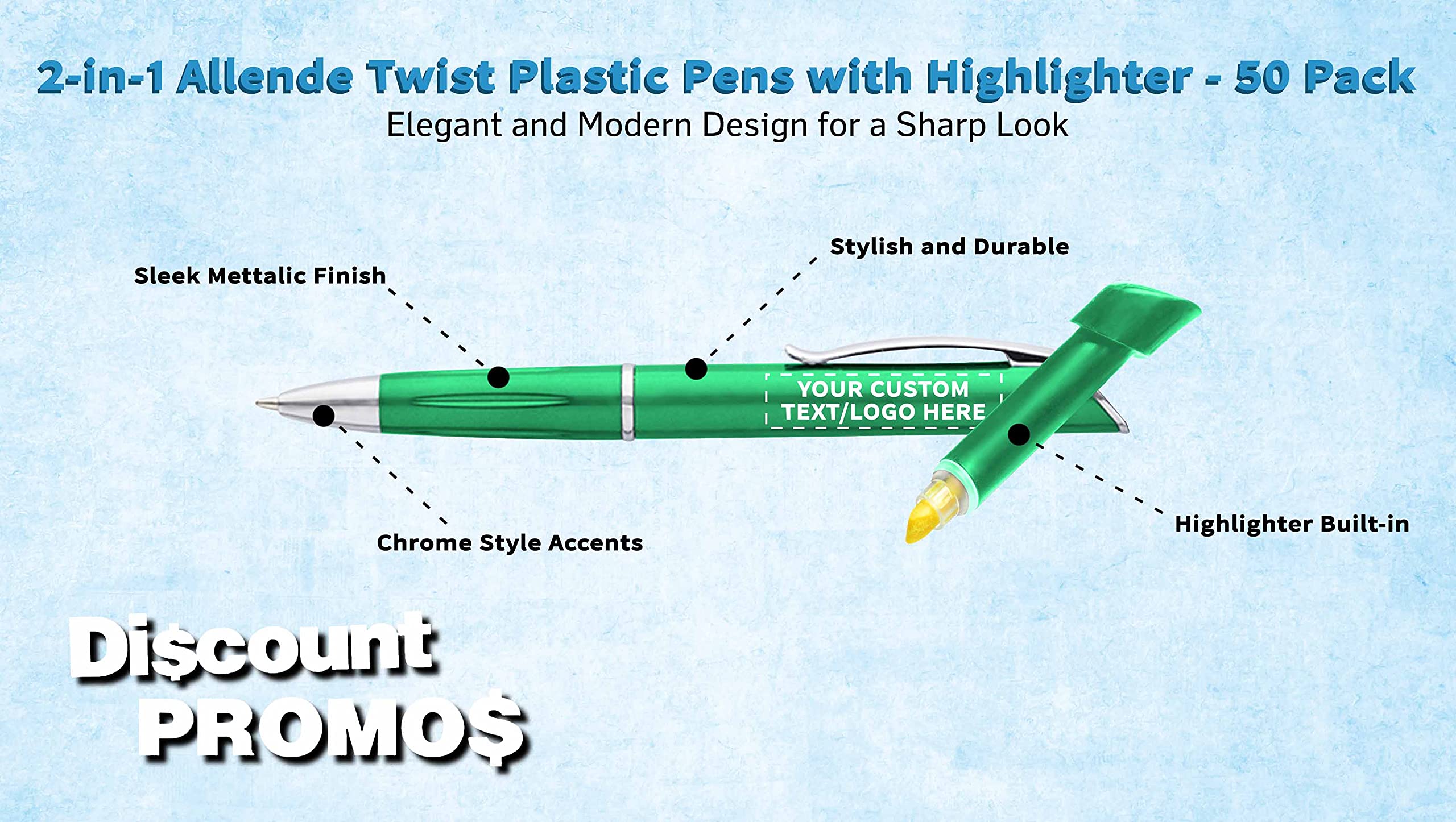 50-Pack Allende Twist Plastic Pens with Highlighter - Custom Text & Logo Printing - Durable Black Ink Office & School Supplies - Perfect for Business Gifts, Promotions & Student Use