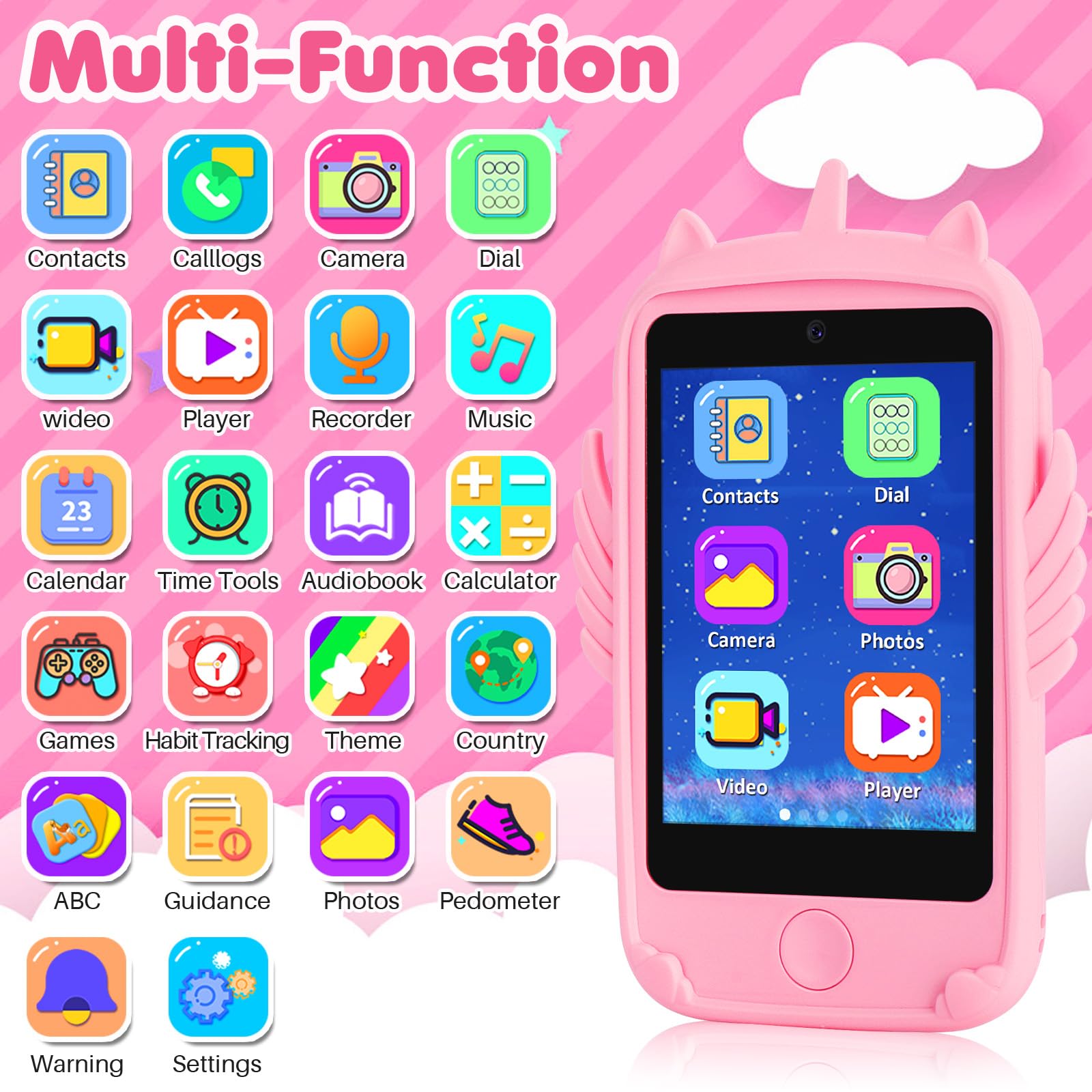 Smart Kids Phone with Touchscreen - Interactive Learning Toy for Boys & Girls Ages 3-10 | Educational Games, Fun Sounds & Lights | Perfect Christmas & Birthday Gift (Pink) - Ideal for Playtime, Travel & Early Learning Development