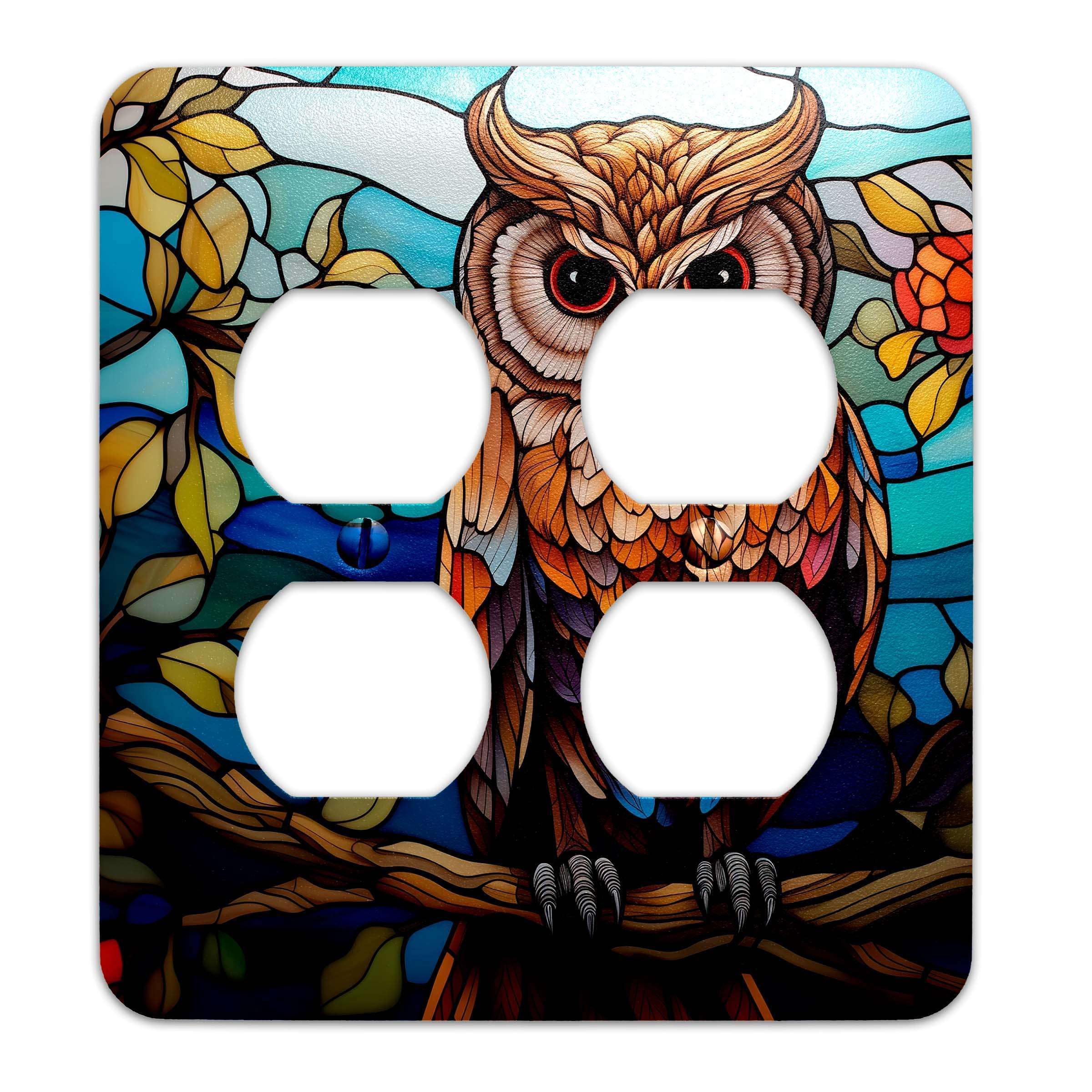 Owl Design Faux Stained Glass Metal Light Switch Plate Cover - Decorative Single Outlet Cover for Home Decor, Bedroom, Living Room - Multiple Sizes Available #4804
