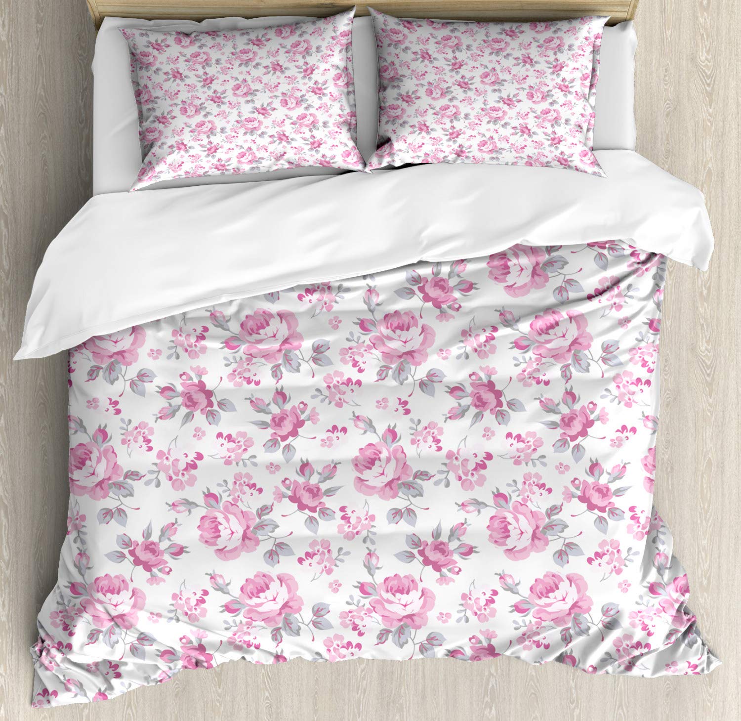 Ambesonne Shabby Floral Duvet Cover Set - Pastel Roses & Grey Leaves Garden Design, 3 Piece Bedding Set with 2 Pillow Shams, California King Size, Pale Pink White Grey | Spring Blossom Decor for Master Bedroom, Guest Room & Cozy Cottage Style Homes