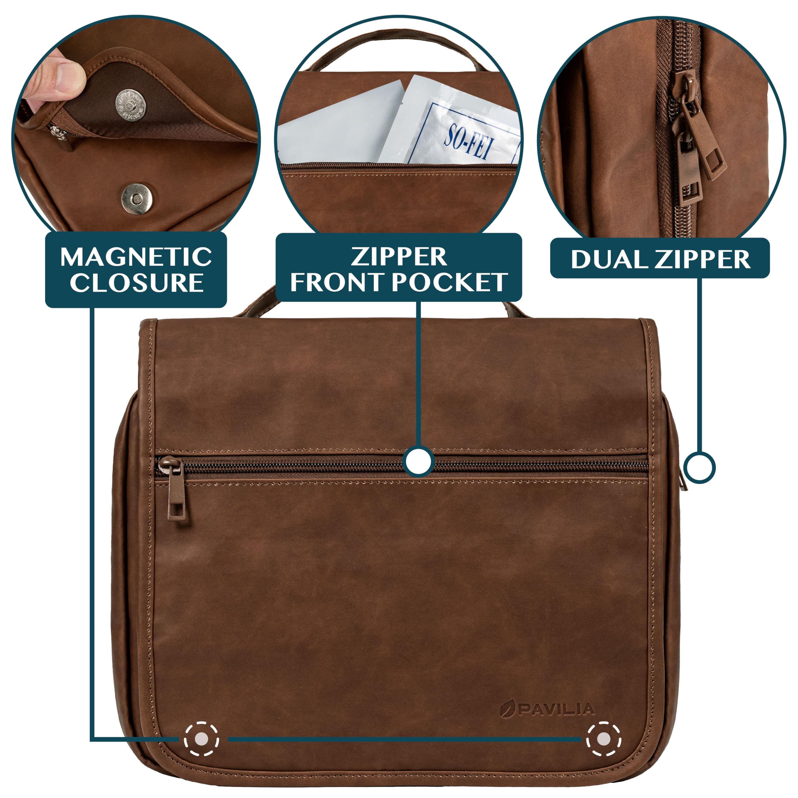PAVILIA Hanging Toiletry Bag for Women & Men - Foldable Waterproof Cosmetic Organizer Travel Bag - Large Makeup & Toiletries Essentials Kit (Dark Brown) - Perfect for Camping, Gym, Business Trips & Vacation