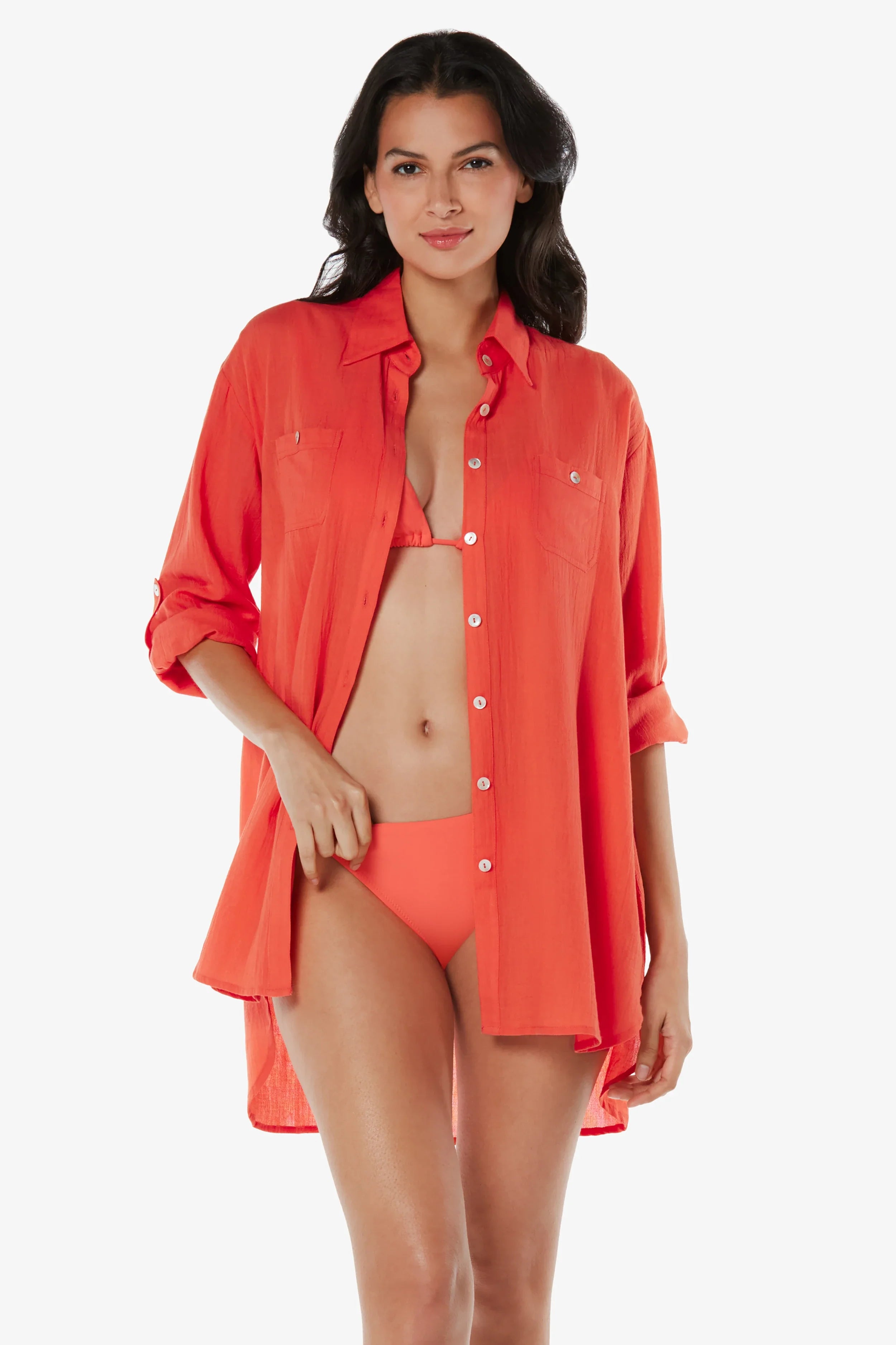 Lightweight Camp Shirt Cover Up for Women - Coral Beachwear for Summer Vacations & Poolside Relaxation