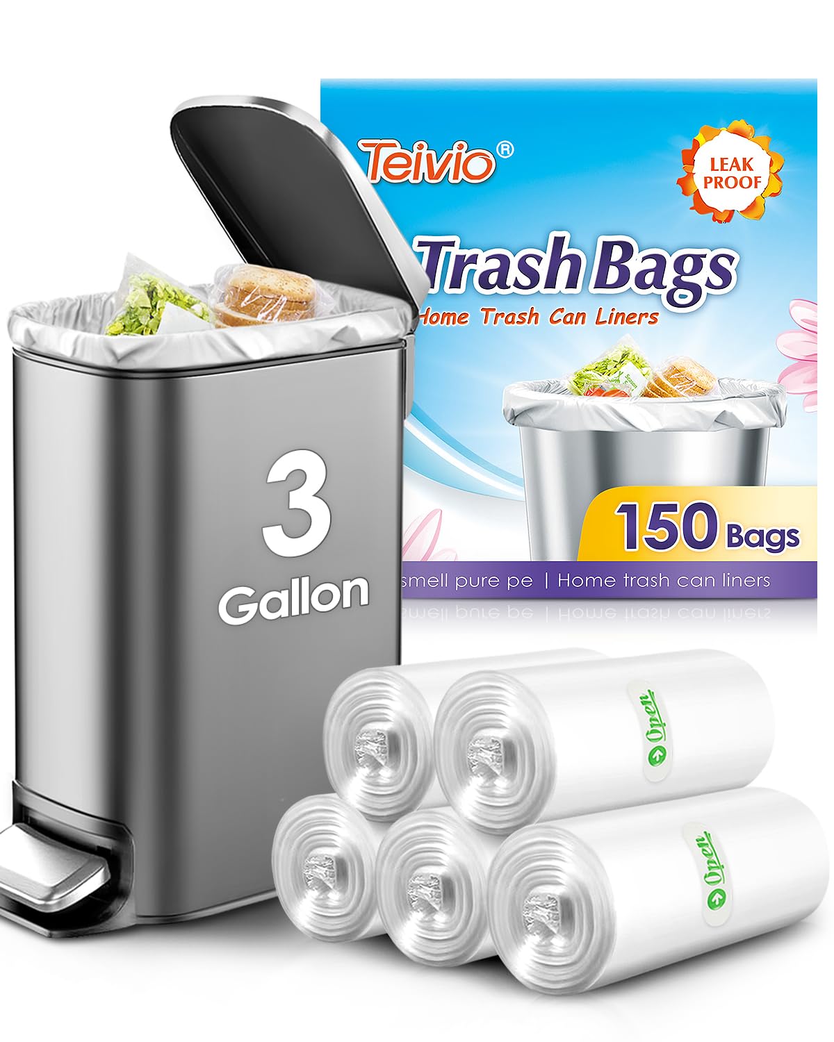 Teivio 3 Gallon 150 Counts Heavy Duty Trash Bags - Small Clear Plastic Garbage Can Liners for Bathroom, Kitchen, Office & Home Use - Perfect for Waste Bins, Diaper Pails & Small Spaces