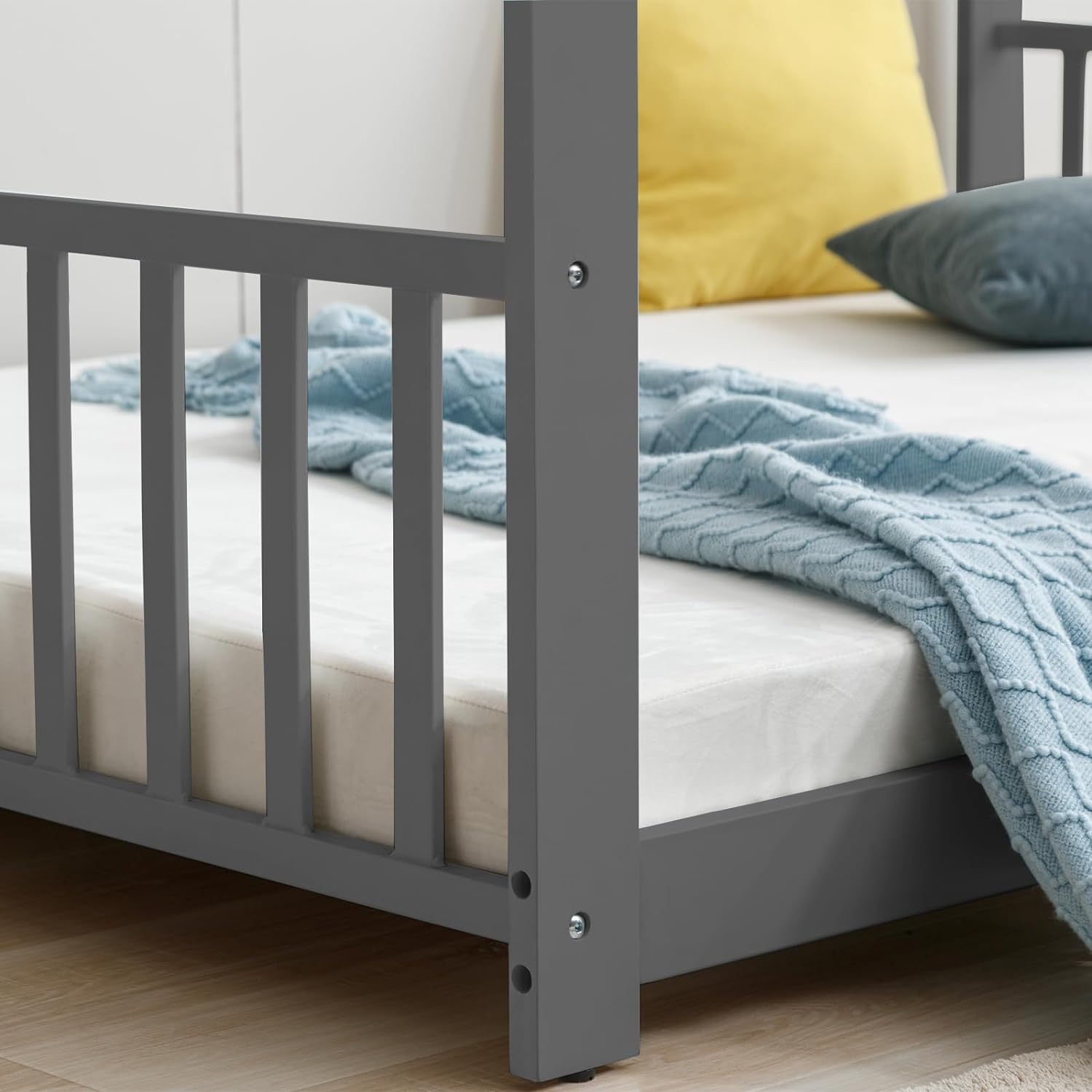 Montessori Floor Bed Full Twin Size - Solid Wood House Bed with Headboard & Footboard, No Box Spring Needed, Playhouse Toddler Bed Frame for Boys & Girls (Grey) - Perfect for Montessori Rooms, Kids Bedrooms & Play Areas
