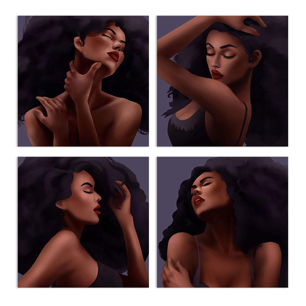AMEMNY 4-Panel African American Women Abstract Wall Art - Canvas Graffiti Style Painting for Living Room, Bedroom & Bathroom - Stretched & Framed Ready to Hang - 25