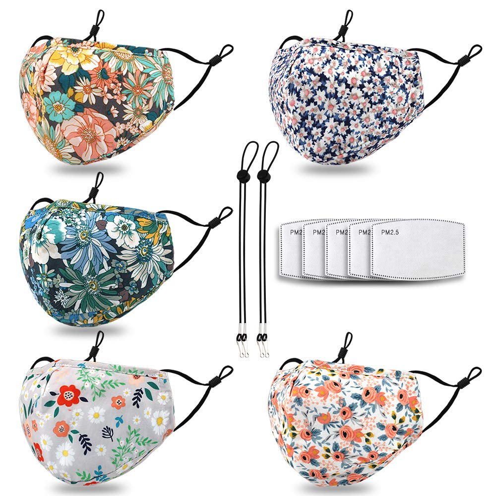 Reusable Washable Face Mask with Nose Wire & Filter Pocket - 5PCS Daisy Print for Outdoor Activities