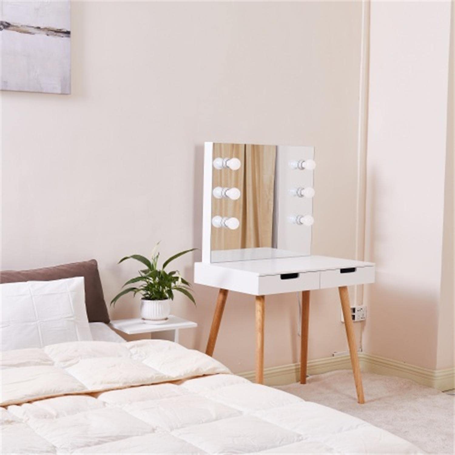 CARBRO White Wooden Vanity Table with LED Lights - Makeup Dressing Desk for Bedroom, Beauty Salon & Home Decor