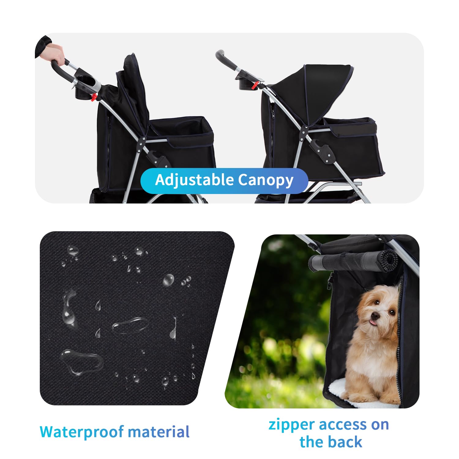 Furniture of America Buddy 3-Wheel Waterproof Folding Pet Stroller with Cup Holder & Mesh Window - Lightweight Travel Carrier for Dogs & Cats - Perfect for Park Walks, Shopping Trips & Outdoor Adventures (Black)