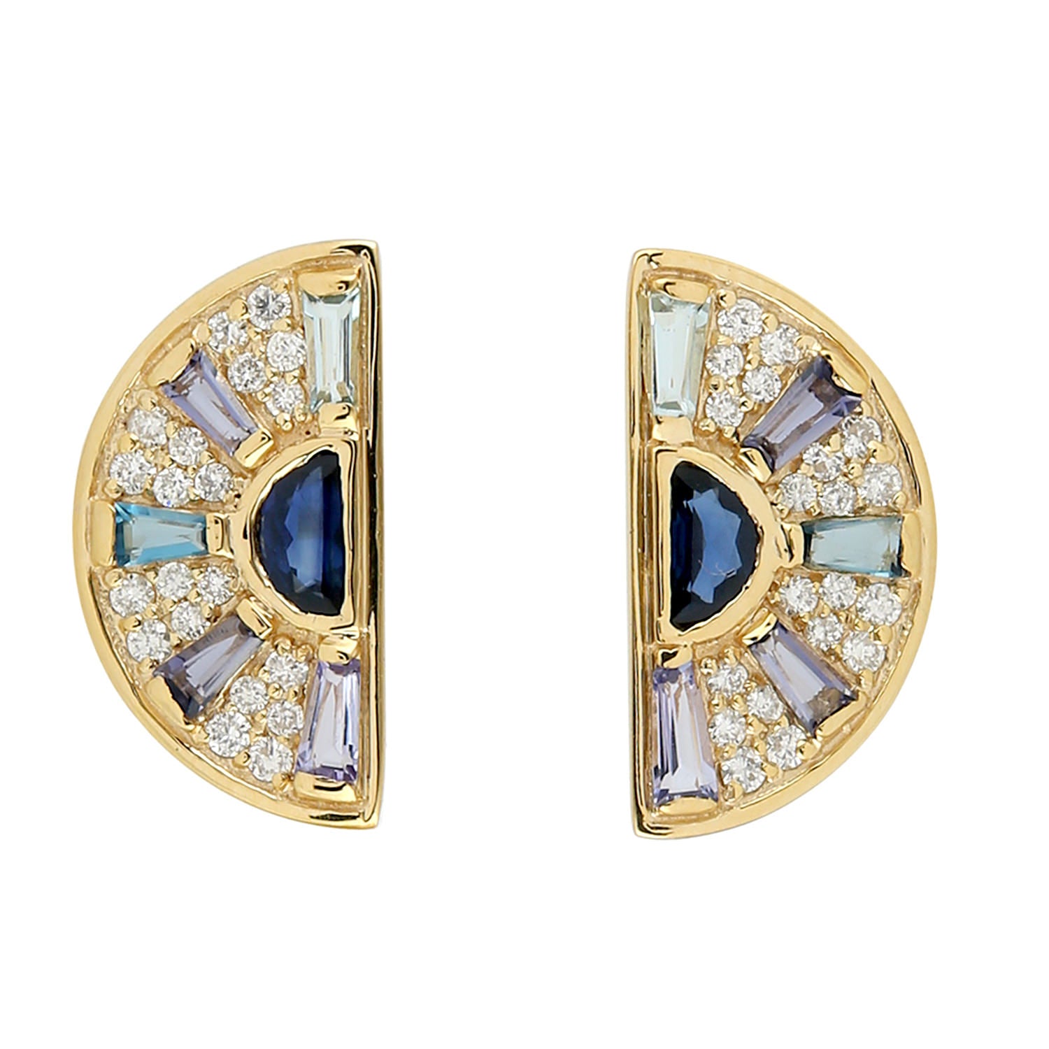 Baguette Multi Gemstone Pave Diamond D-Shape Stud Earrings in 14K Yellow Gold - Elegant Jewelry for Women, Perfect for Weddings, Parties & Special Occasions