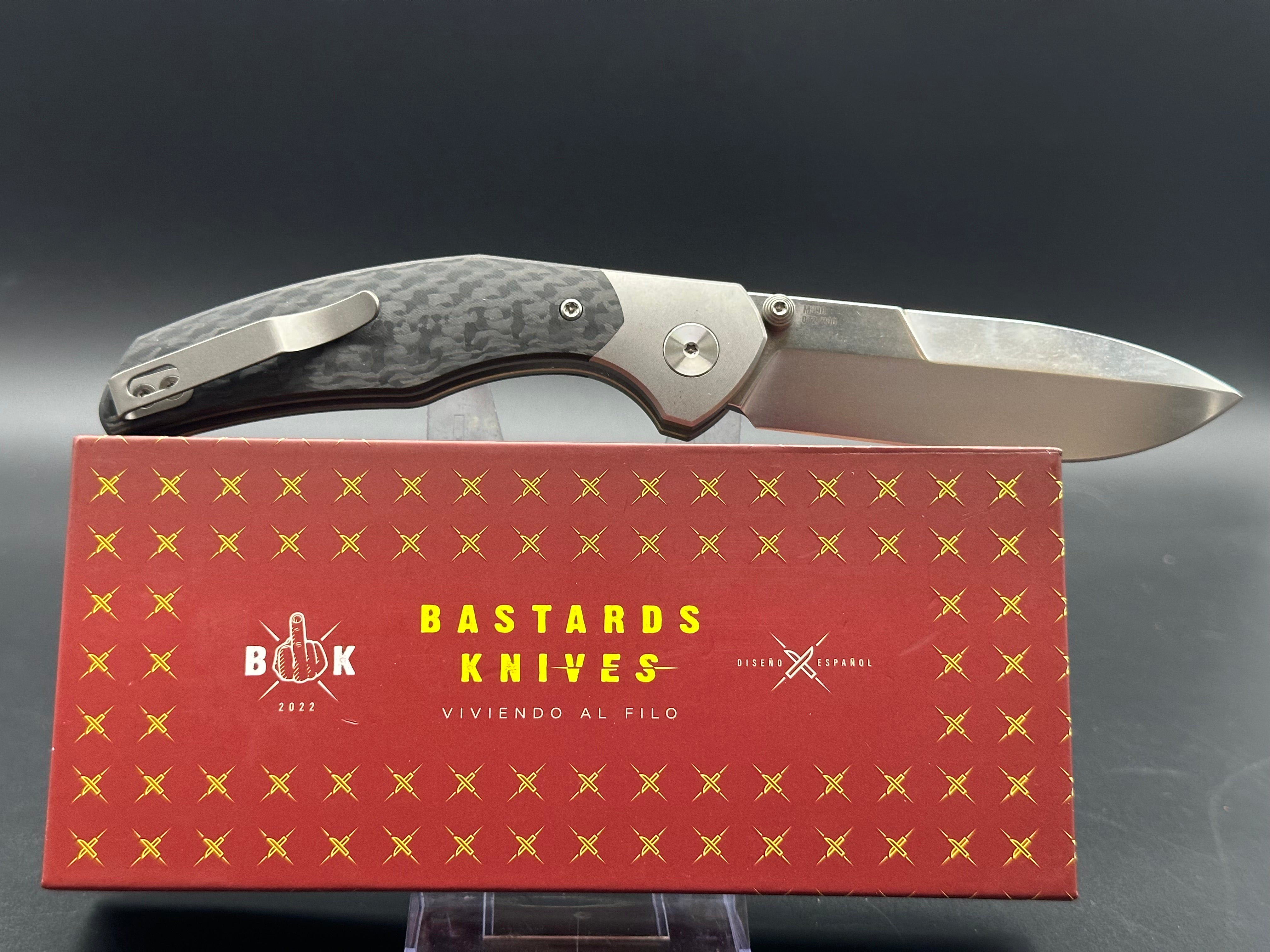 BASTARD KNIVES UTOPIA Button Lock Pocket Knife - M390 Blade, Carbon Fiber & Titanium Handle - EDC Folding Knife for Outdoor, Camping & Everyday Carry