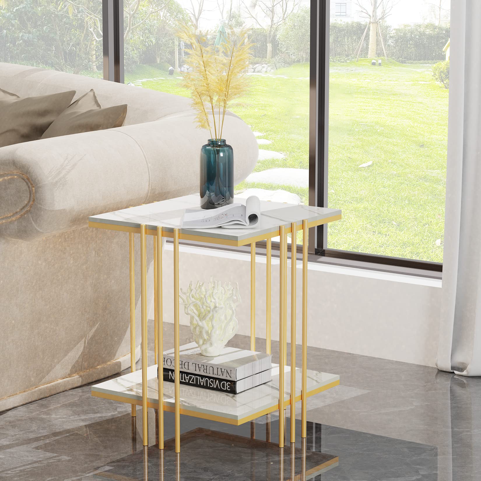 Wisfor Sintered Stone End Table - 2 Tier Square White Sofa Side Table with Golden Frame - Modern Small Coffee Table & Bedside Nightstand for Living Room, Bedroom - Perfect for Coffee, Books & Decor Display