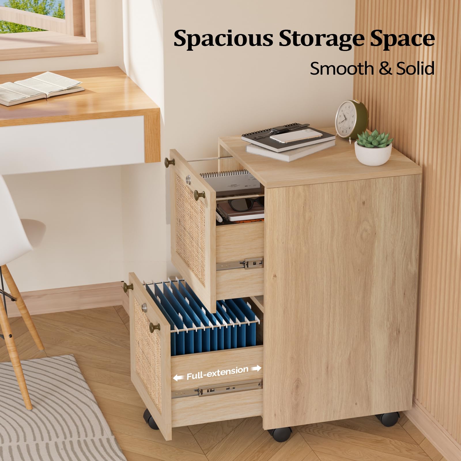 VINGLI 2-Drawer Locking File Cabinet with Wheels - Rolling Office Storage for Home & Workspace, Small Wood Rattan Oak File Organizer Under Desk, Printer Stand for Folders with Tabs - Perfect for Home Office, Study Room & Small Business Organization