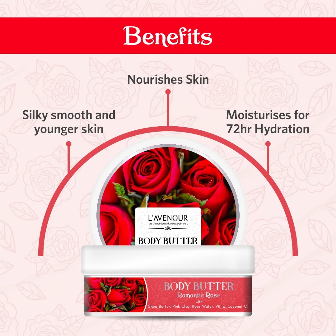 L'avenour Romantic Rose Body Butter for Dry Skin - Shea Butter & Vitamin E Moisturizer for Women & Men | Quick Absorbing, Non-Greasy Hydration | Perfect for Night Routine, Spa Days & Gift Giving - 200ml (3 Pack)