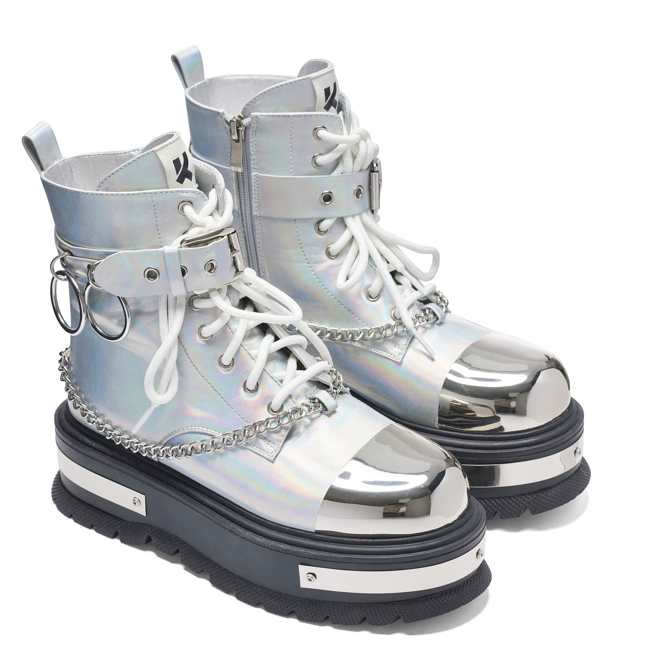 Borin Hardware Platform Boots - Silver Hologram Waterproof Work Boots for Women & Men | Perfect for Construction, Hiking & Outdoor Activities