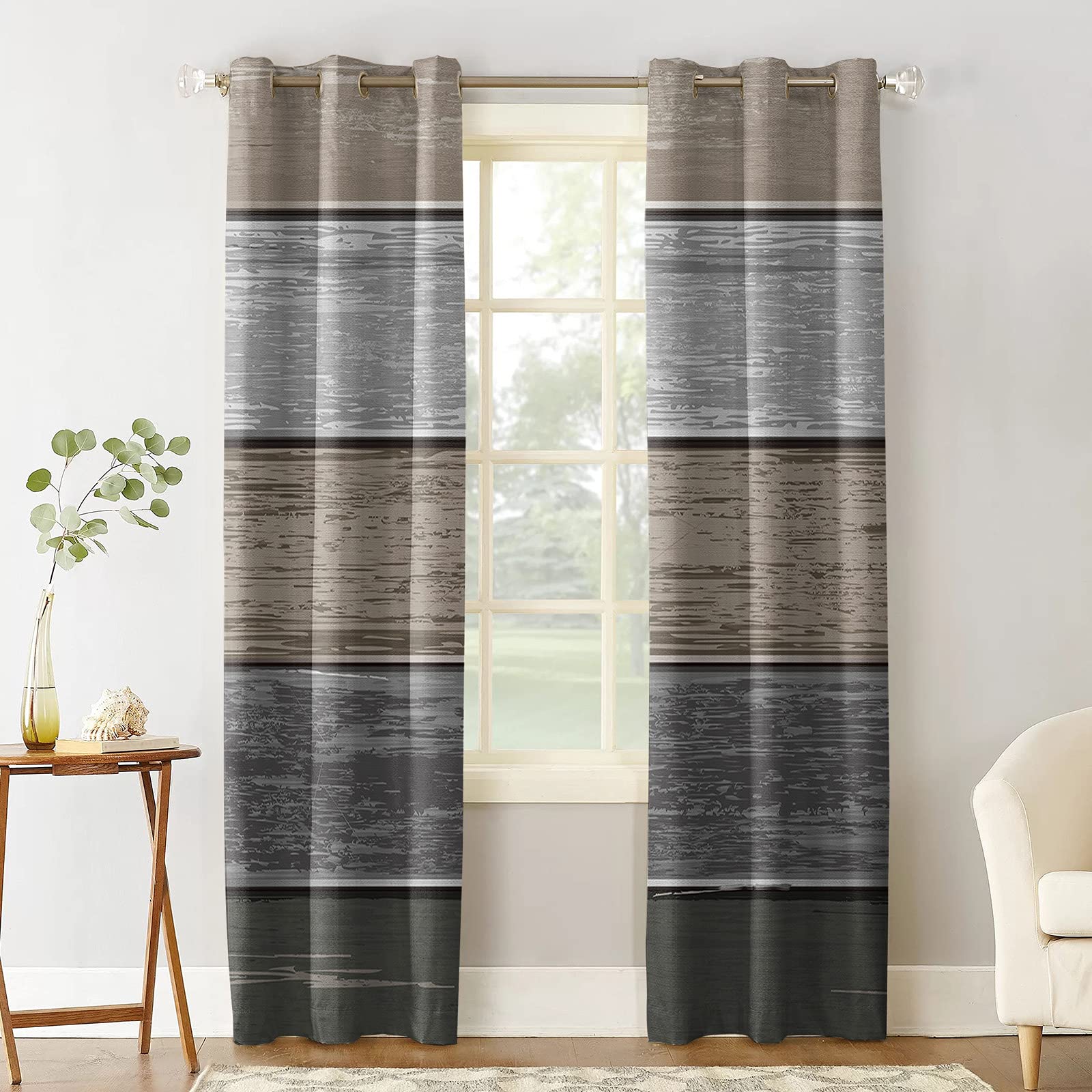 Vintage Farmhouse Rustic Brown & Gray Gradient Wood Grain Blackout Curtains - Thermal Insulated Room Darkening Drapes for Living Room & Bedroom (2 Panels, 52