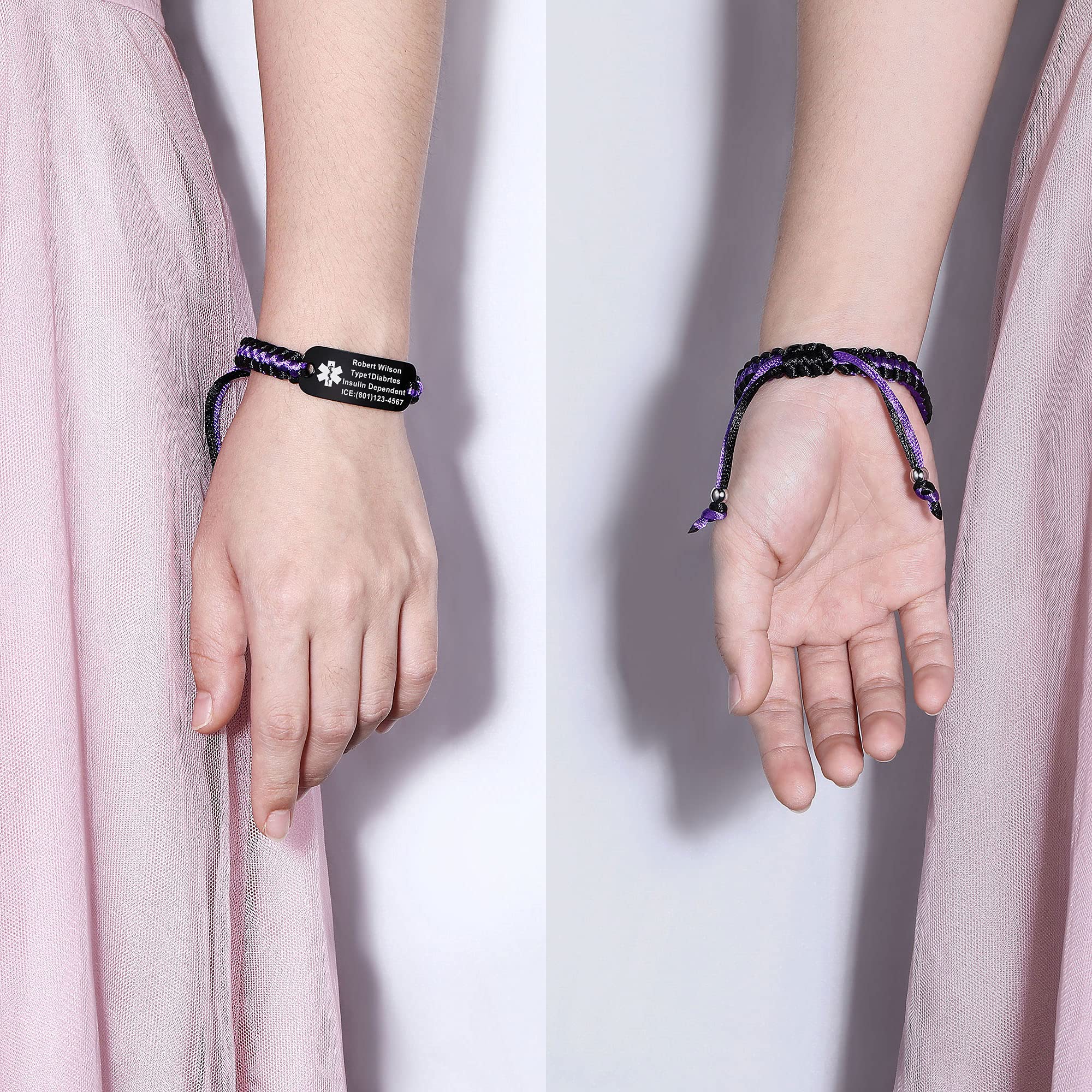 Custom Engraved Medical ID Bracelets for Women & Men - Purple Stainless Steel Braided Nylon Rope with Black Curved Card | Free Personalization | Ideal for Diabetes, Allergies & Emergency Medical Identification