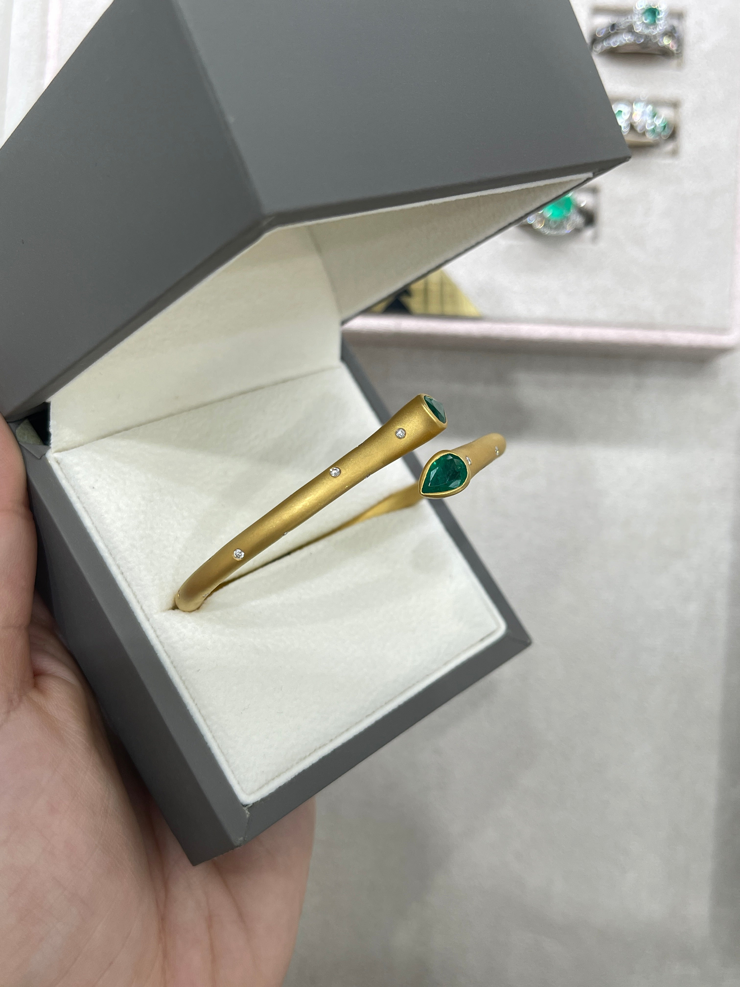 2.93tcw Pear Emerald & Diamond Bypass Cuff Bangle Bracelet in 18K Gold - Elegant Jewelry for Weddings, Parties & Special Occasions