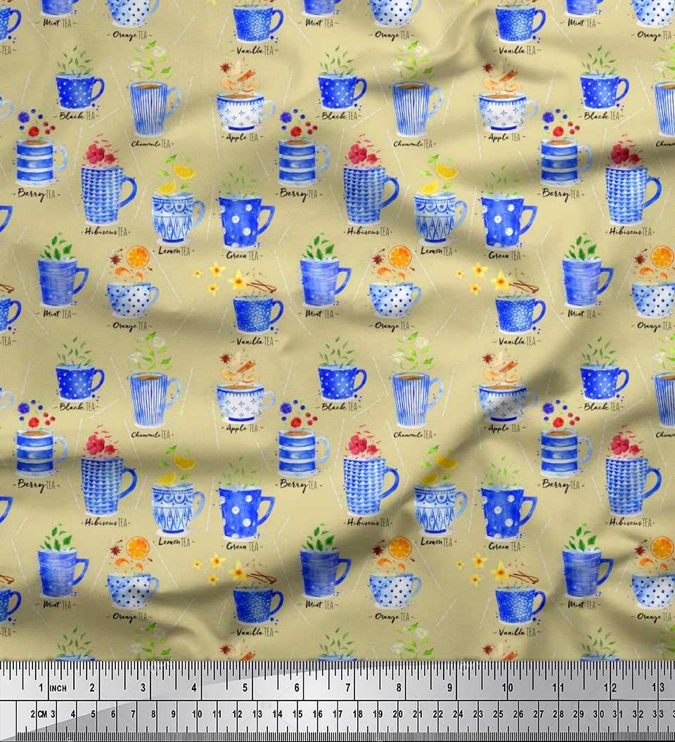 Soimoi 42 Inch Wide Modal Satin Fabric - Watercolor Spice & Tea Cup Print Fabric by The Yard for DIY Dresses, Curtains, and Home Decor Projects