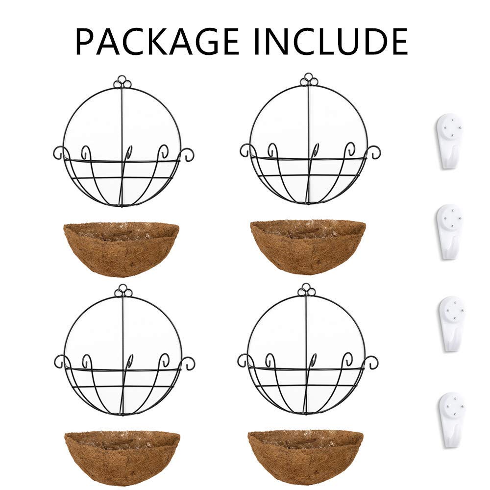 4 Pcs Wall Mount Planter Set - 12 Inch Hanging Flower Pots for Outdoor Plants with Basket Liners - Perfect for Porch, Patio, Backyard, Wedding Decor & Home Garden Hanging Decorations