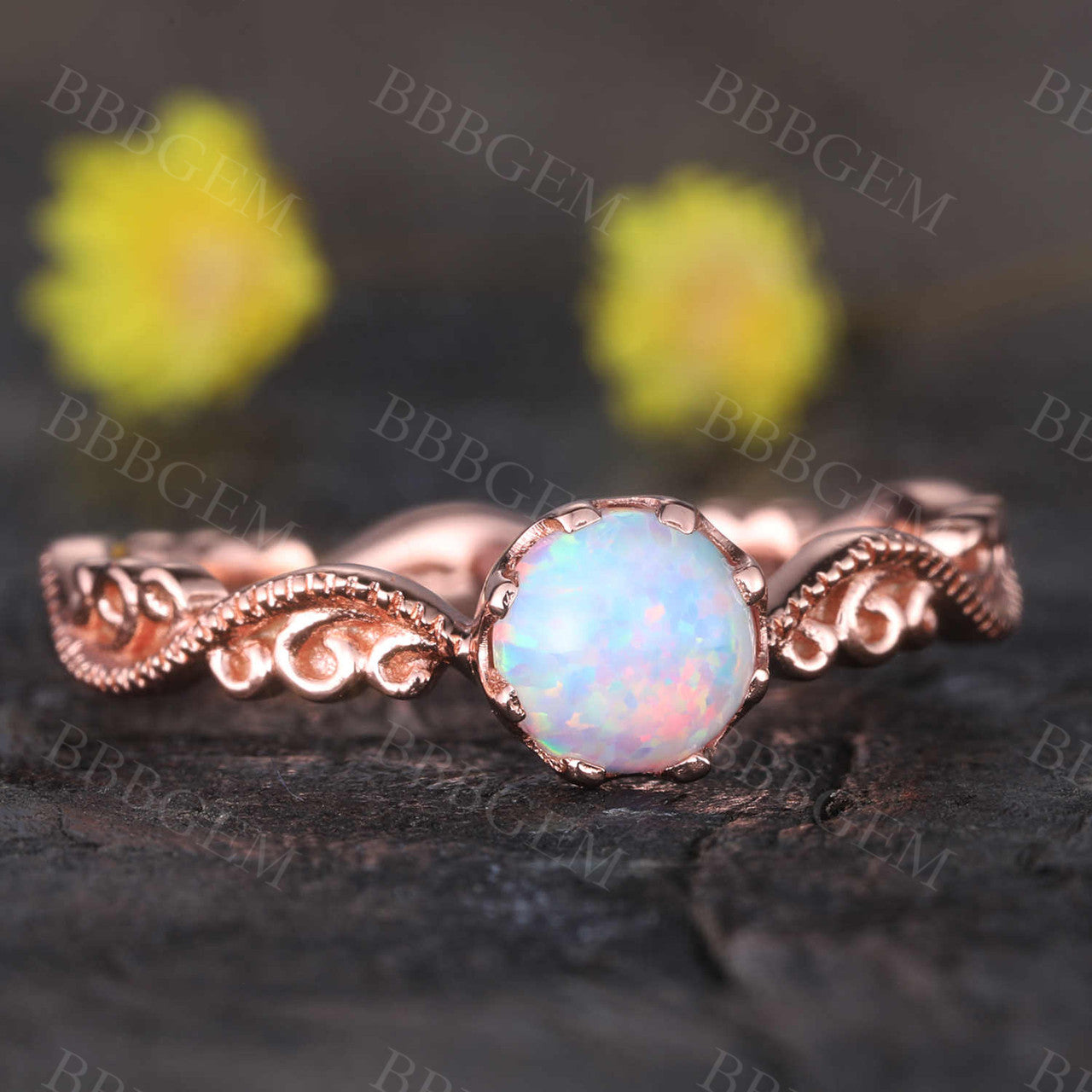 Floral Opal Ring for Women - Rose Gold Wedding Band with Filigree Milgrain Solitaire, October Birthstone Jewelry | Perfect for Engagement, Anniversary Gift & Everyday Wear