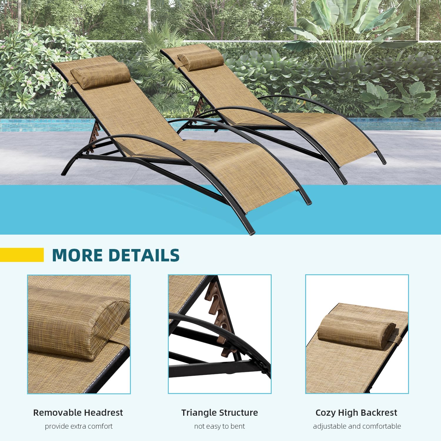 EROMMY 2-Pack Patio Chaise Lounge Chairs - Adjustable 5-Position Backrest, All-Weather Waterproof Outdoor Poolside Lounge Chairs for Beach, Yard, Garden & Backyard Relaxation