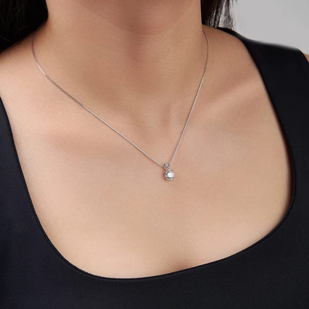 Platinum Plated Solitaire Diamond Pendant Necklace Set for Women - 14K White Gold Jewelry Gift for Her - Elegant Bridal, Anniversary & Birthday Present