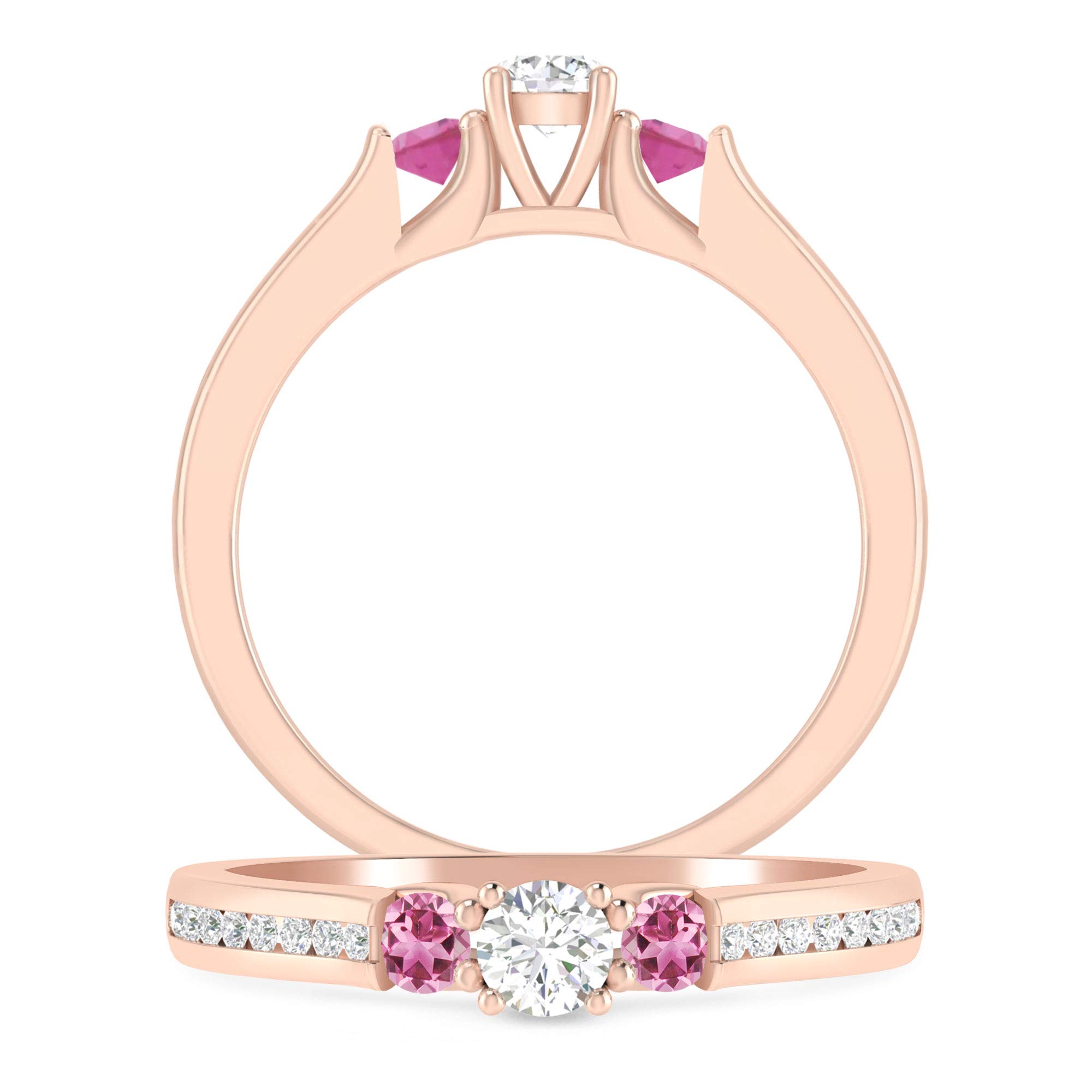 10K Gold 1/2 Carat Round Diamond & Pink Tourmaline Three Stone Engagement Ring | Size 5-8 | H-I Color | I2-I3 Clarity | Wedding Proposal, Promise Ring, Anniversary Gift | Perfect for Romantic Occasions & Special Celebrations