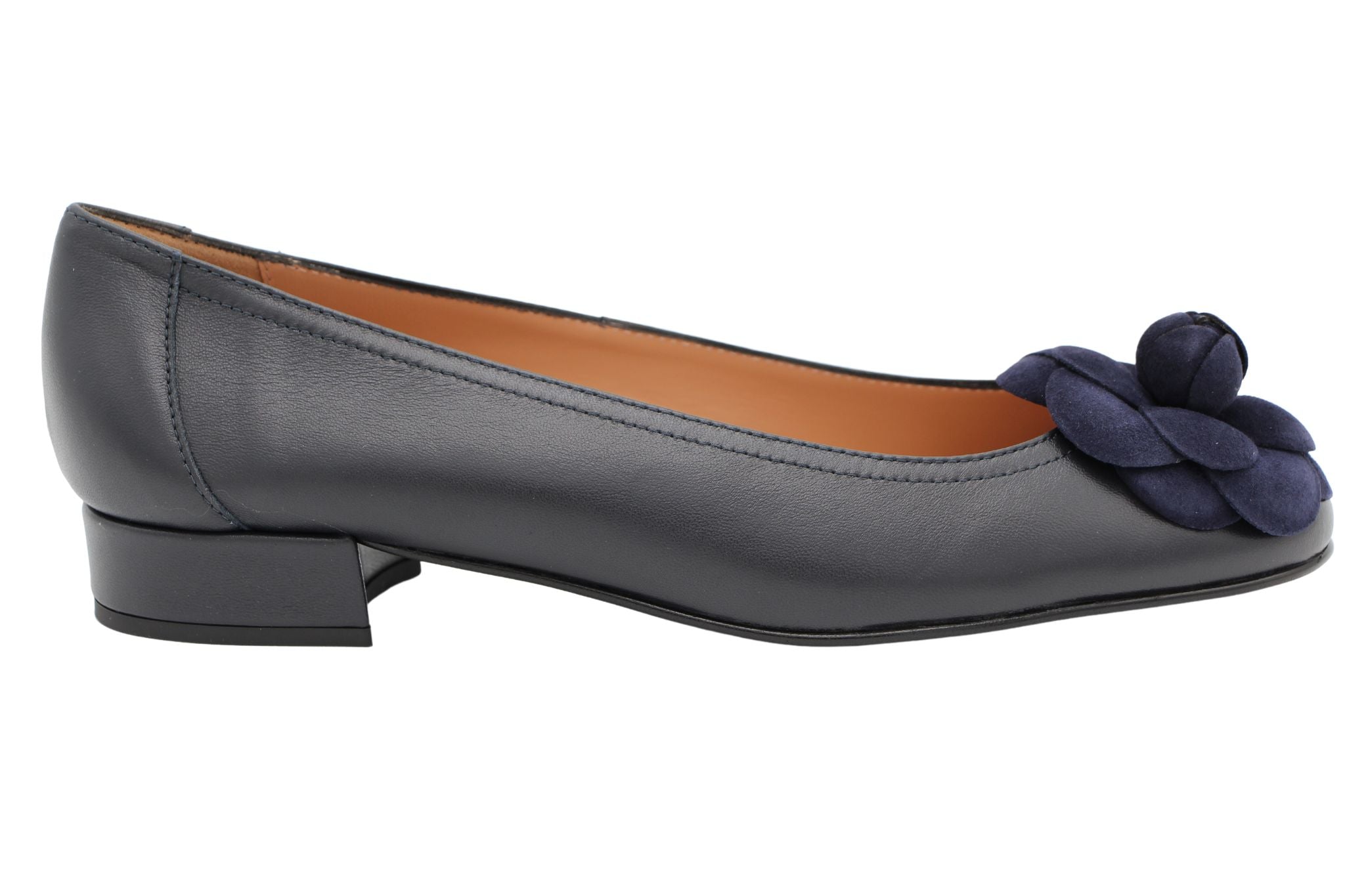 Fabucci Women's Navy Blue Leather Ballet Flats with Floral Embellishment - Comfortable & Stylish for Work, Travel & Casual Outings
