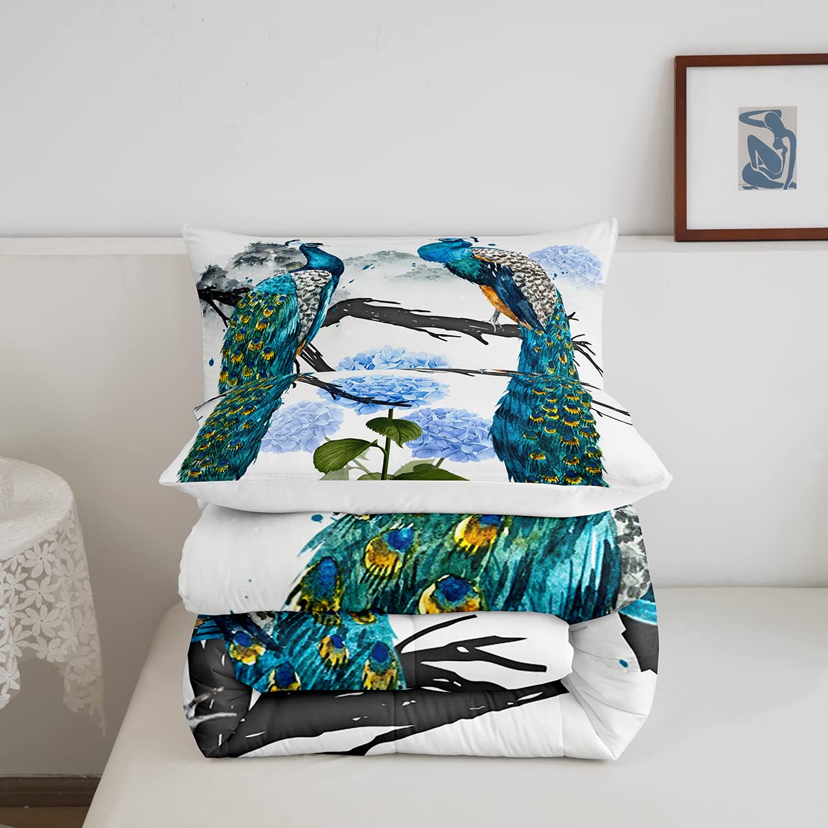 Peacock Bedding Set Full - Blue Floral Comforter Set with Feather Down, Retro Chinese Style Quilt, Chic Bird Duvet Cover for Bedroom Decor | Soft White Luxury Bedding for Master Bedroom & Guest Room