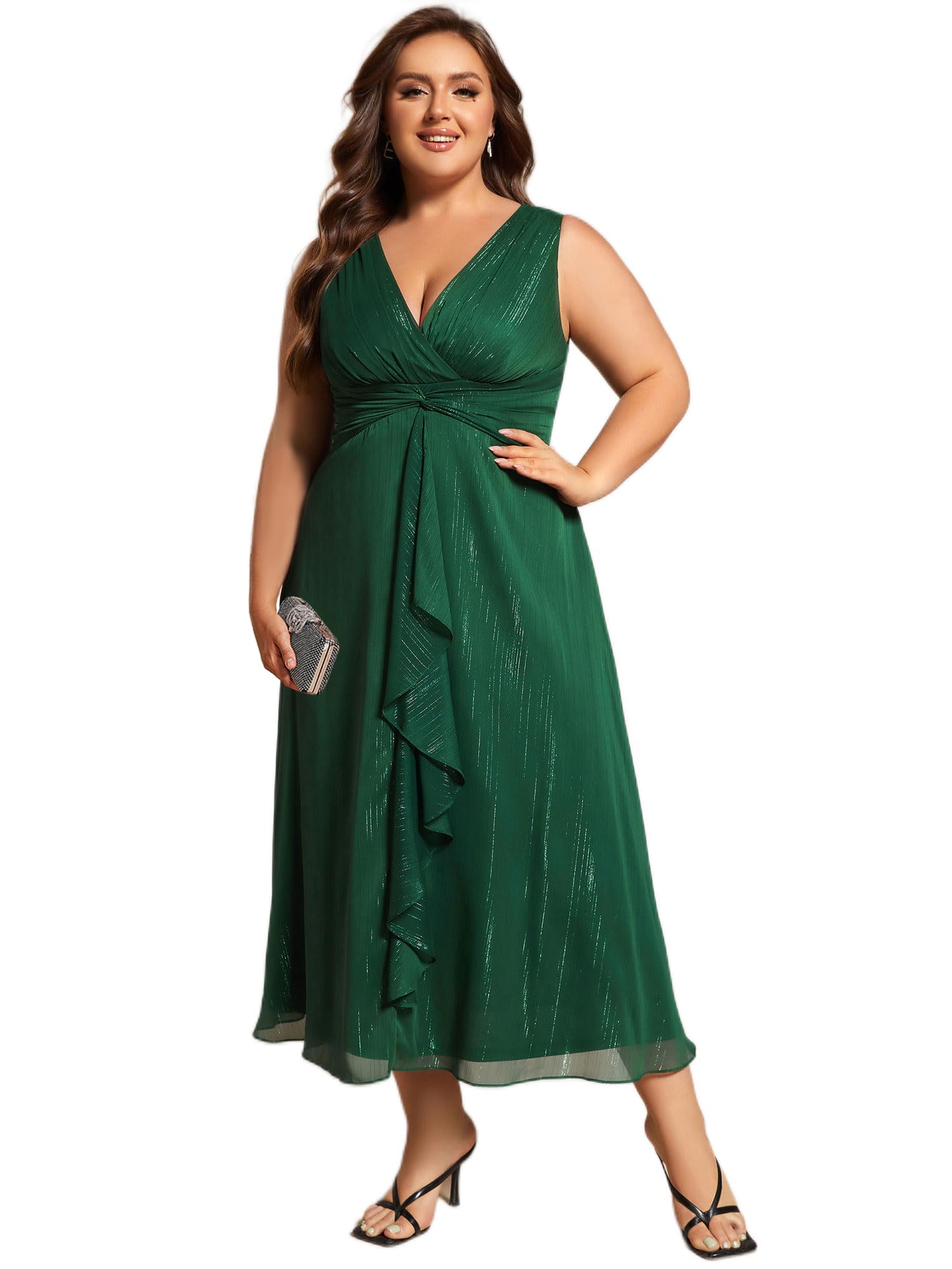 Ever-Pretty Women's Sleeveless V-Neck A-Line Pleated Plus Size Tea-Length Wedding Guest Dress 11977-DA | Elegant Formal Occasion & Special Event Attire for Bridesmaids, Parties, and Evening Gatherings