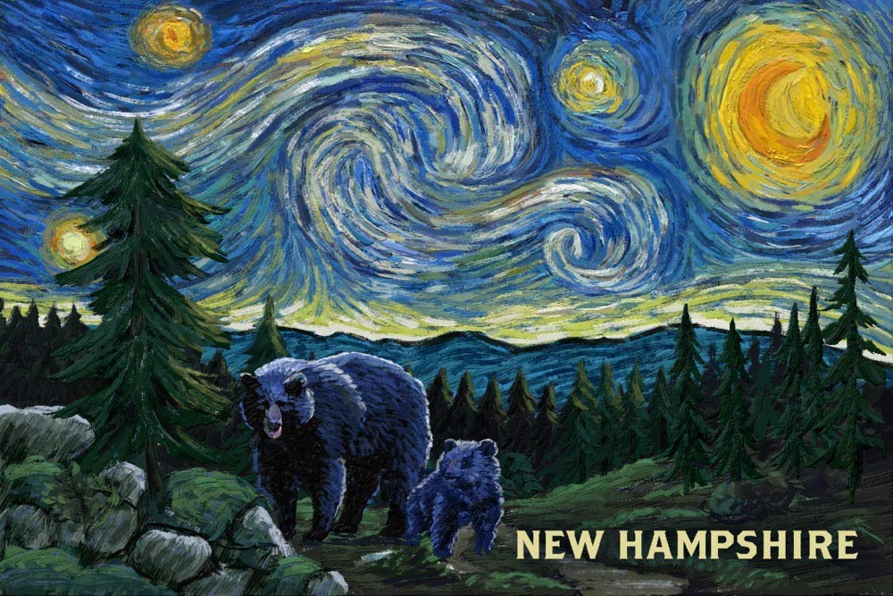 Starry Night Bear and Cub 24x36 Signed Art Print - New Hampshire Wildlife Wall Decor Poster for Living Room, Nursery & Cabin Decor