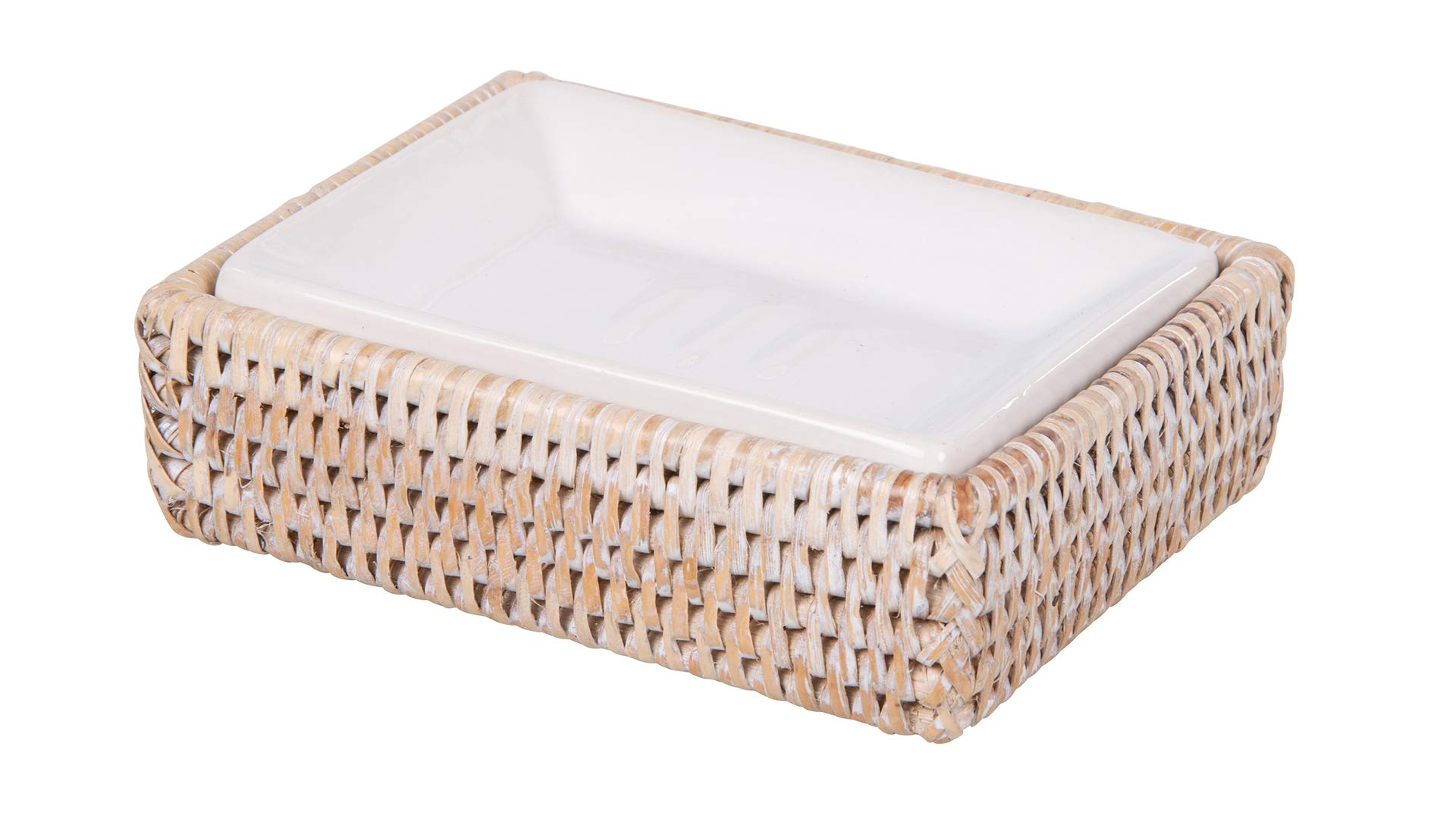 Kouboo La Jolla White-Washed Rattan Rectangular Soap Dish - Bathroom Organizer for Sink Countertop, Shower Shelf & Vanity Decor