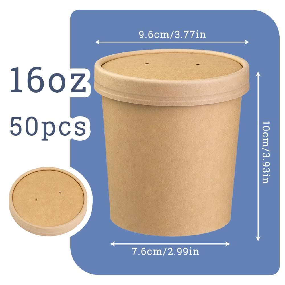 50-Pack 16oz Disposable Kraft Paper Soup Bowls with Vented Lids - Eco-Friendly Food Containers for Soup, Ice Cream, Desserts - Perfect for Takeout, Parties, Catering & Home Use