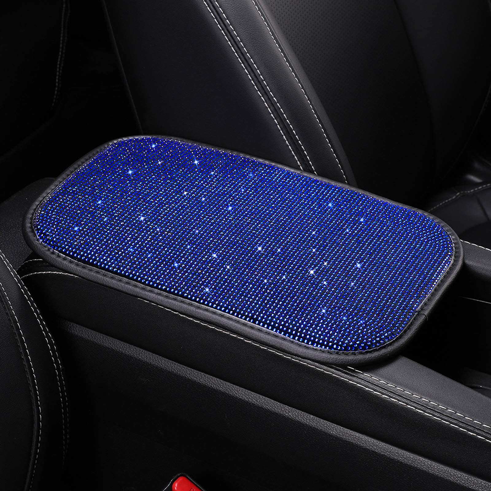 FUNOJOY Rhinestone Bling Car Armrest Cover for Women - Blue Diamond Design, Soft Comfort & Stylish Interior Car Accessories - Perfect for Sedans, SUVs & Luxury Vehicles