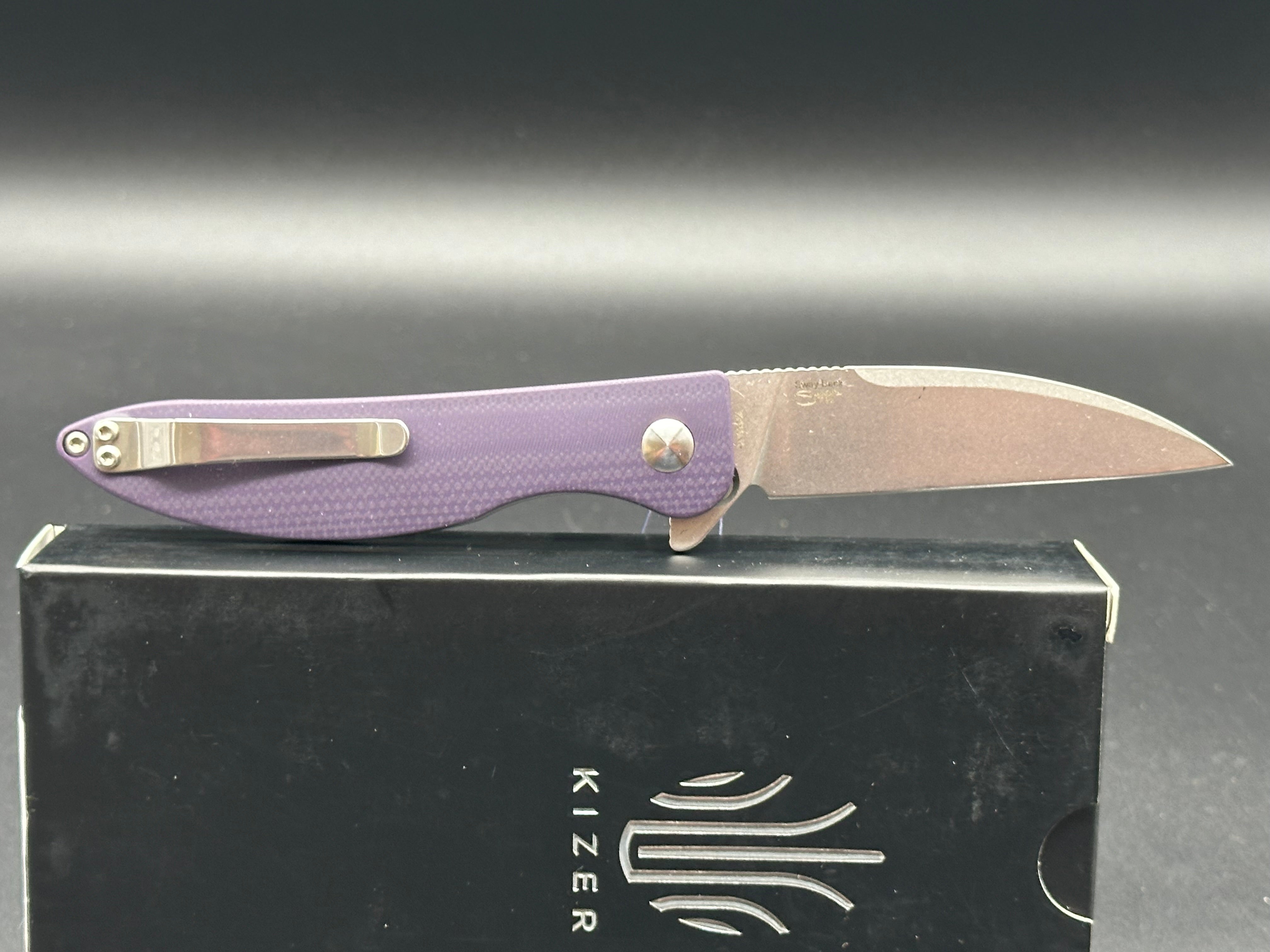 KIZER Saggs Sway Back Folding Pocket Knife - Purple G10 Handle, N690 Steel Plain Edge Blade (Model V3566N1) | EDC, Camping, Hiking & Outdoor Survival Tool
