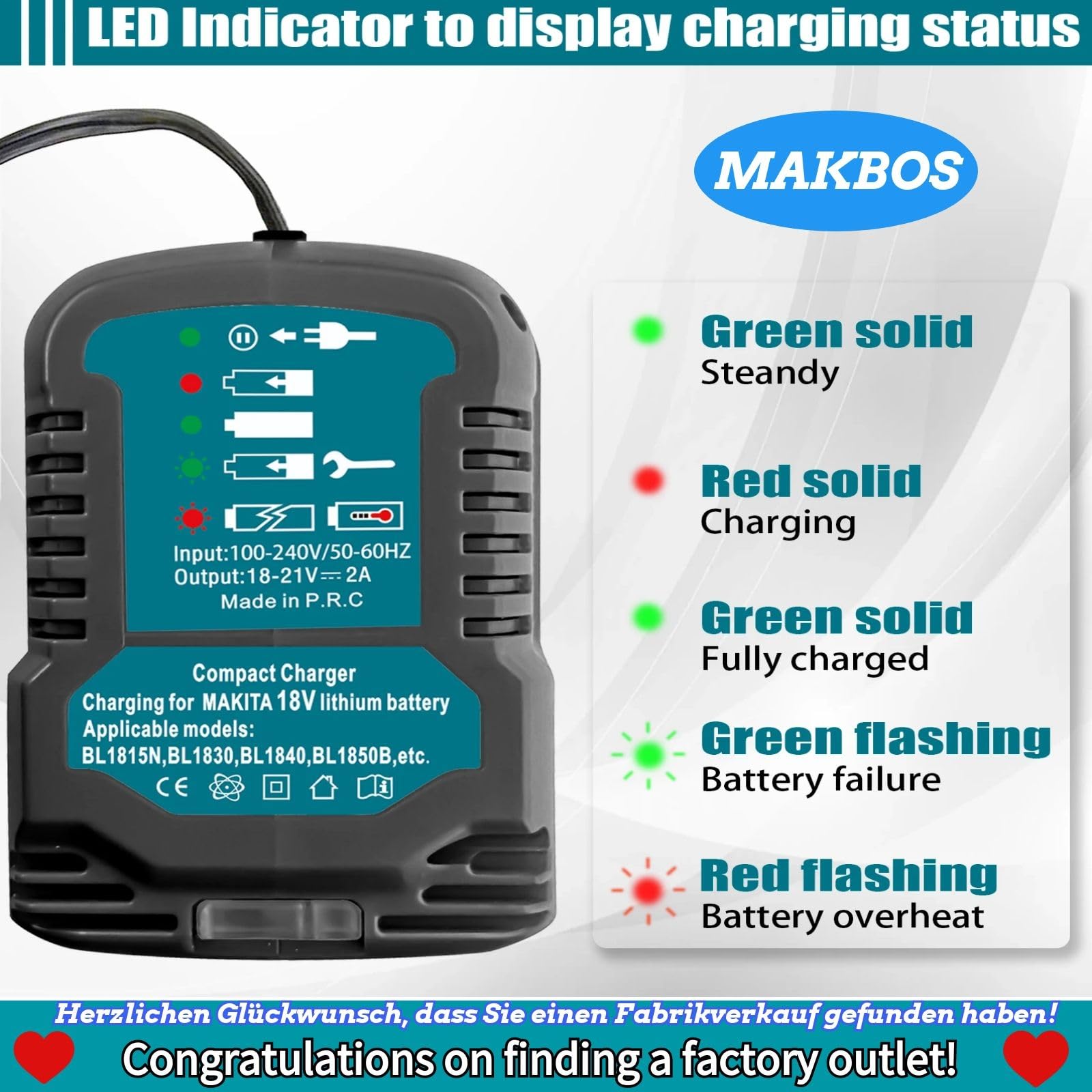 Makita 18V BL1850B BL1860 BL1830 BL1815 Battery Charger Replacement - DC18RC 18V Fast Charger, Compact Portable Power Tool Charger (For 18V Batteries Only) - Ideal for Construction Sites, DIY Projects & Home Workshops