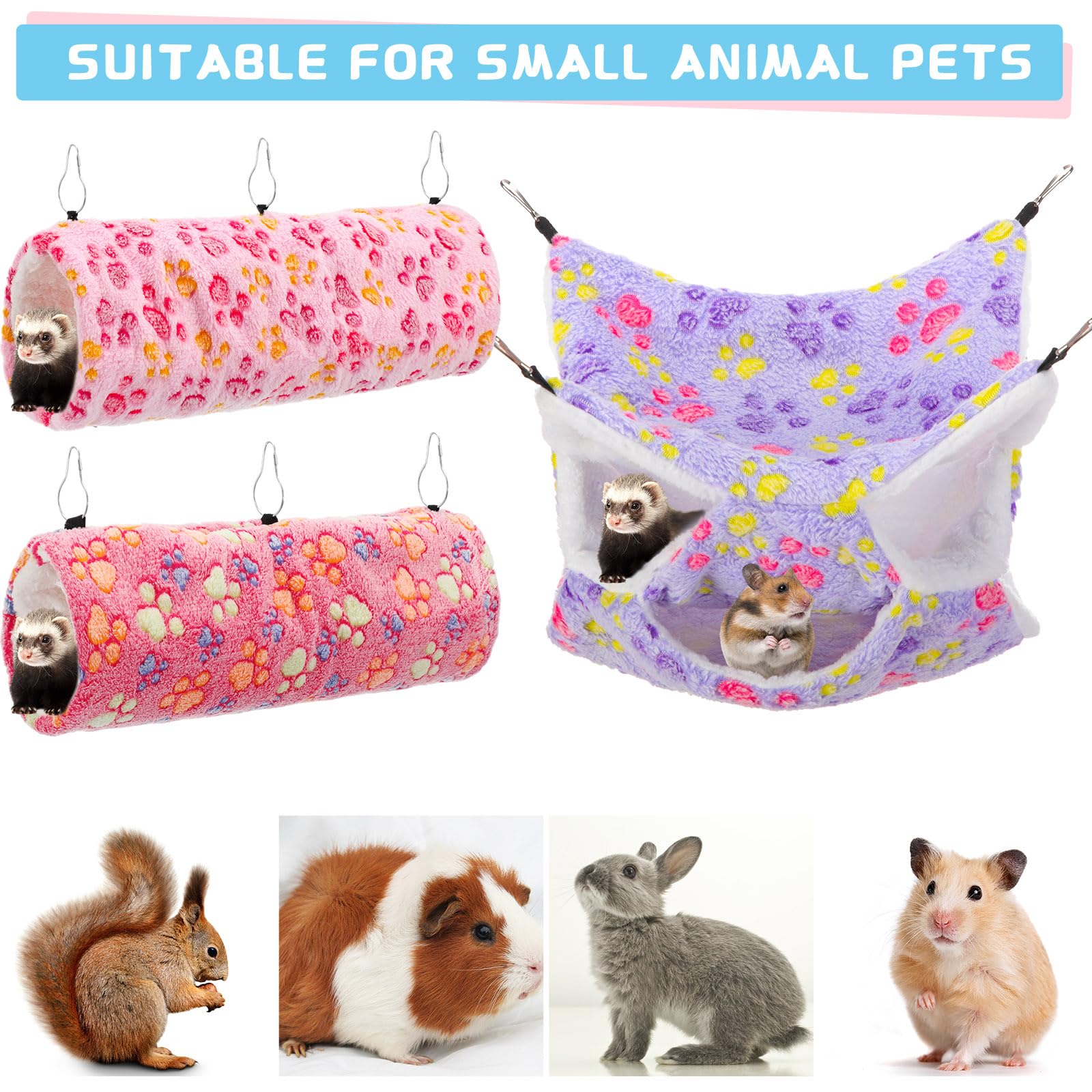 9-Piece Rat Hammock Set for Guinea Pigs & Ferrets - Small Pet Hanging Tunnel, Glider Toy & Hideout Bed Cage Accessories for Hamsters (Purple, Pink, Rose Red, Paw Print) - Perfect for Small Animal Playtime & Cage Enrichment