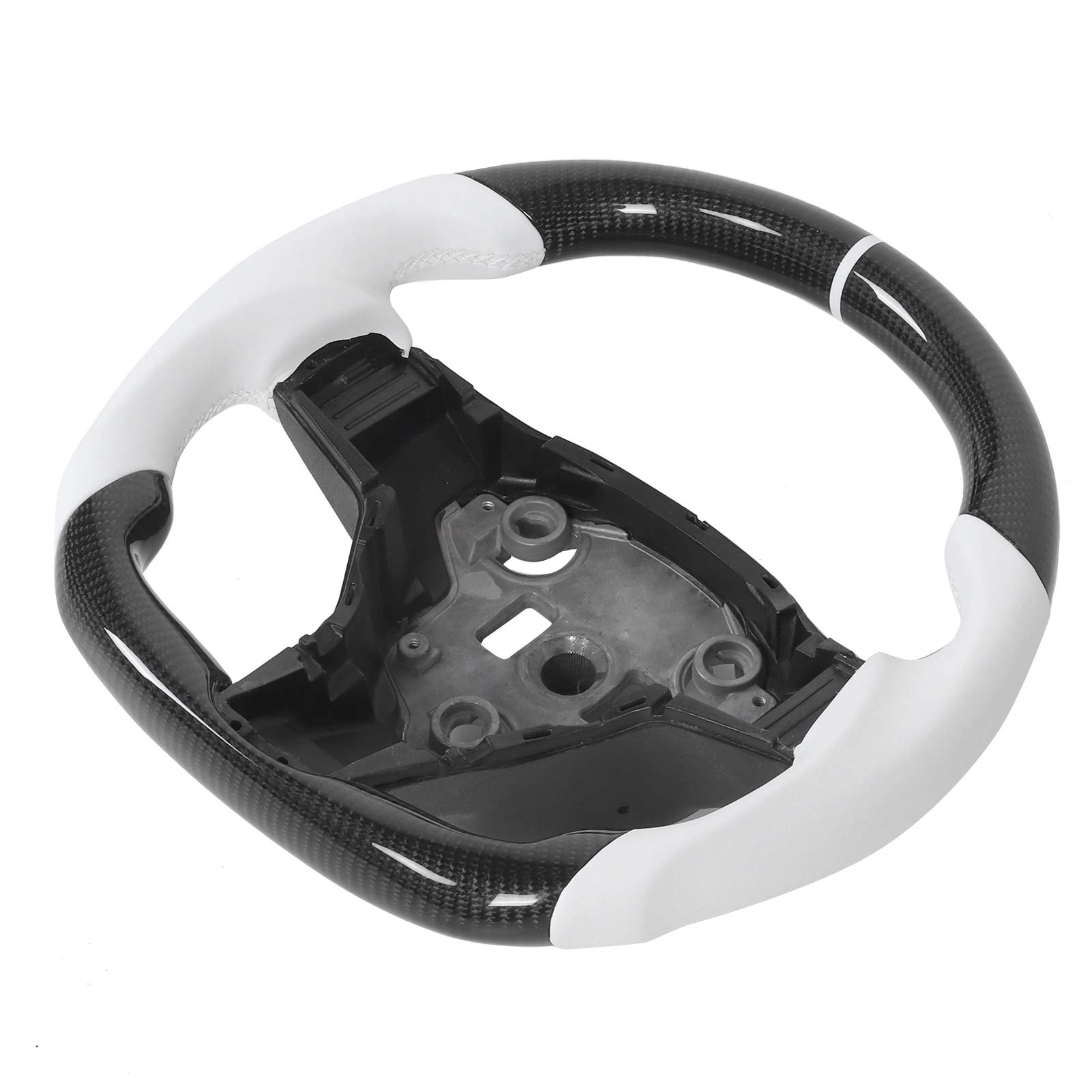 Premium Carbon Fiber & Nappa Leather Steering Wheel with White Stripe - Compatible with Tesla Model 3 2017-2020 | Flat Bottom Design | Waterproof | Enhanced Grip for Sporty Driving & Luxury Interior Upgrade