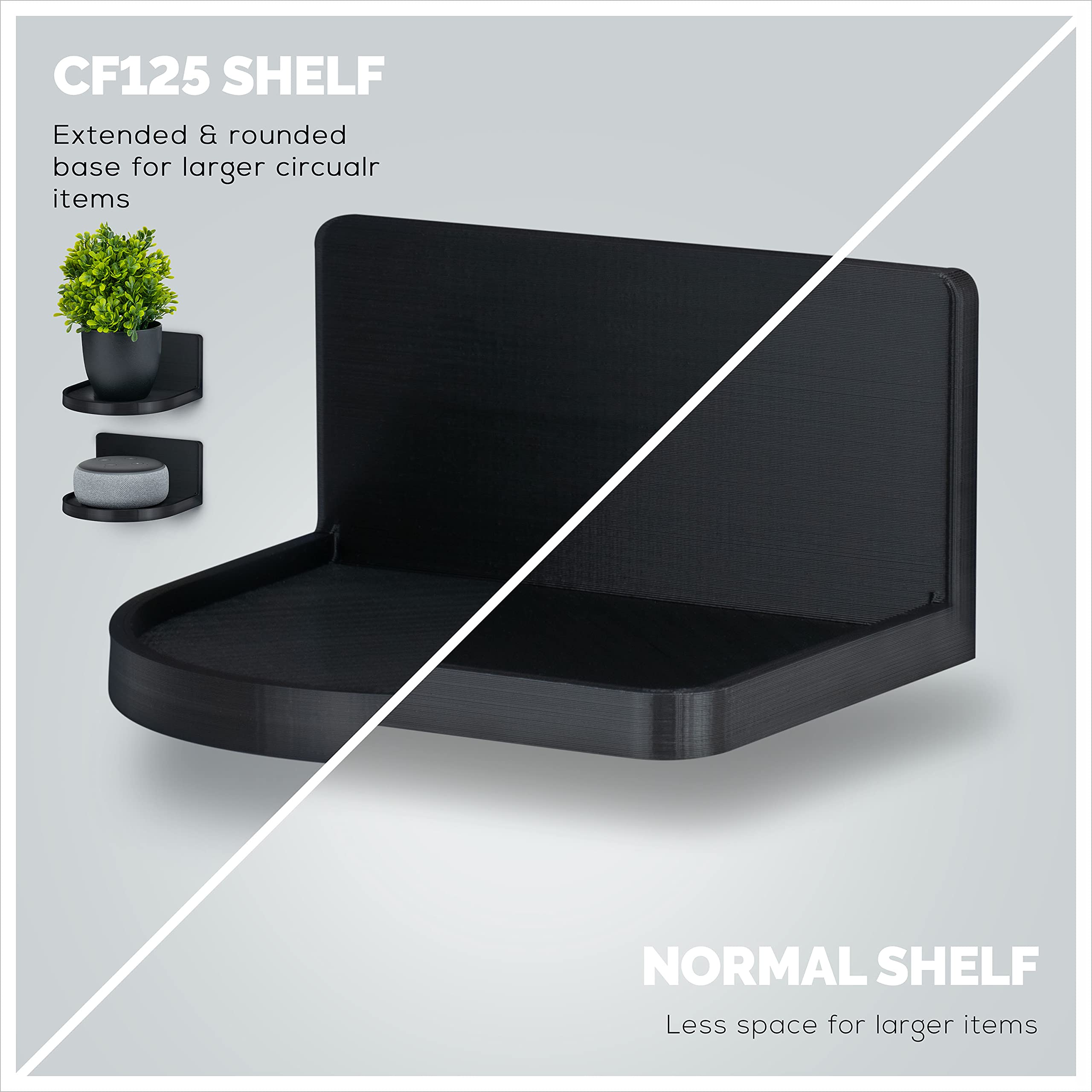 BRAINWAVZ Universal Screwless Round Floating Shelf Mount - Strong Adhesive for Security Cameras, Baby Monitors, Speakers, Plants & Toys - Easy to Install 4.6” x 4.2” (CF125) Black - Perfect for Home, Office & Nursery Organization