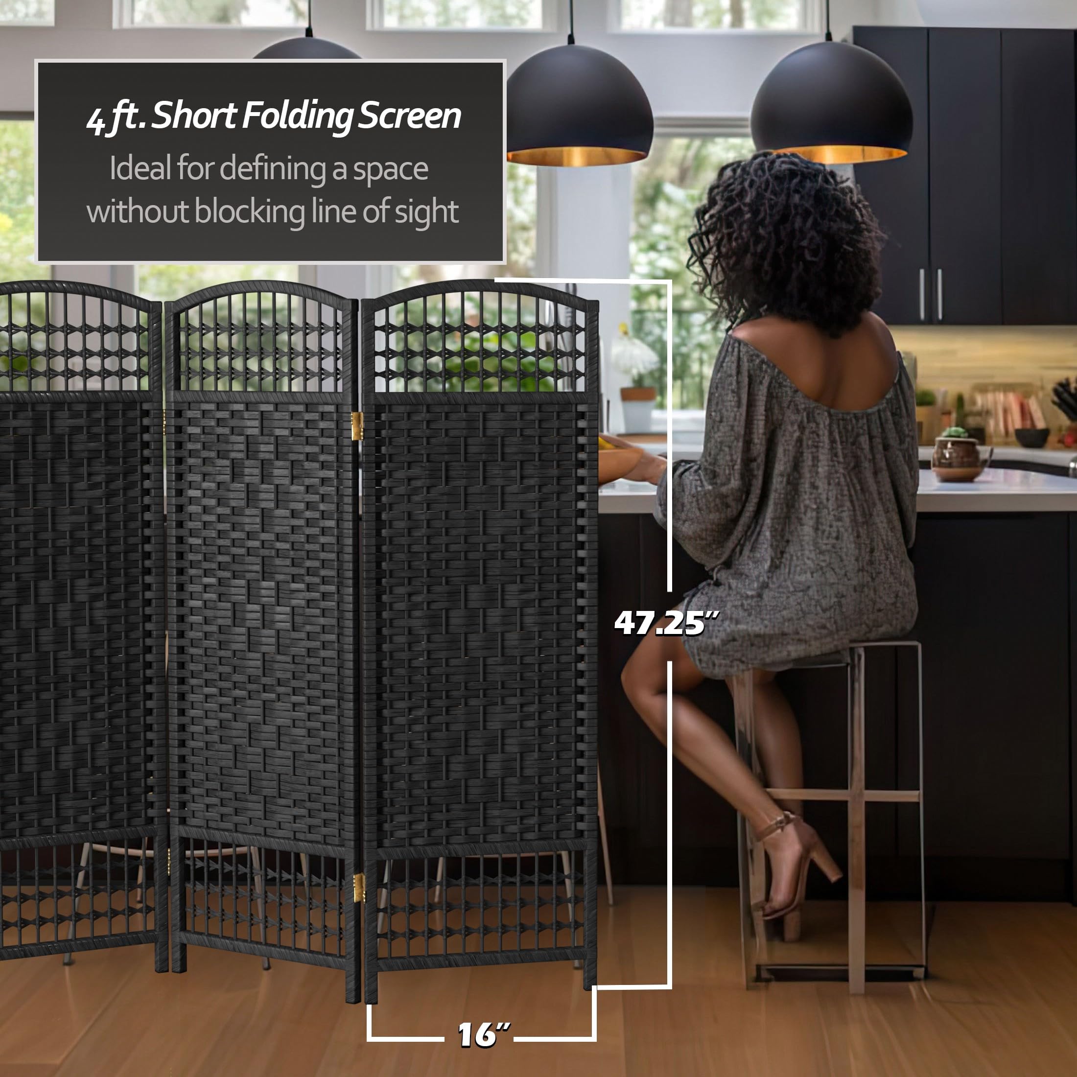 4 ft. Black Short Fiber Weave Folding Room Divider Screen - 4 Panel Privacy Partition for Home, Office & Events - Perfect for Space Separation & Decoration