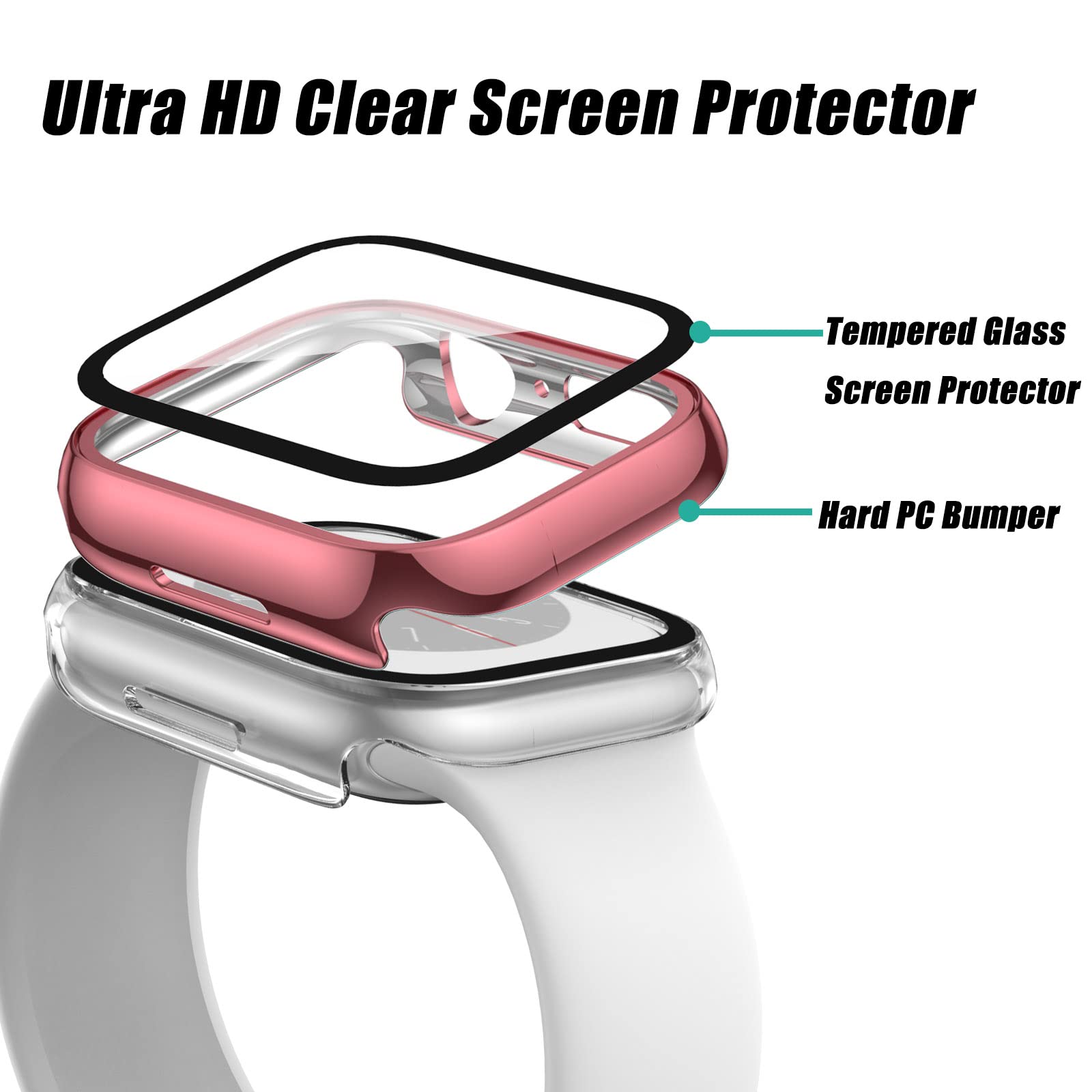 2-Pack Hard Protective Case for Apple Watch Series 9/8/7 (45mm/41mm) with Tempered Glass Screen Protector - Anti-Scratch, Stylish Plating PC Shell - Perfect for Workouts, Outdoor Activities & Daily Wear (41mm, Pink+Clear)