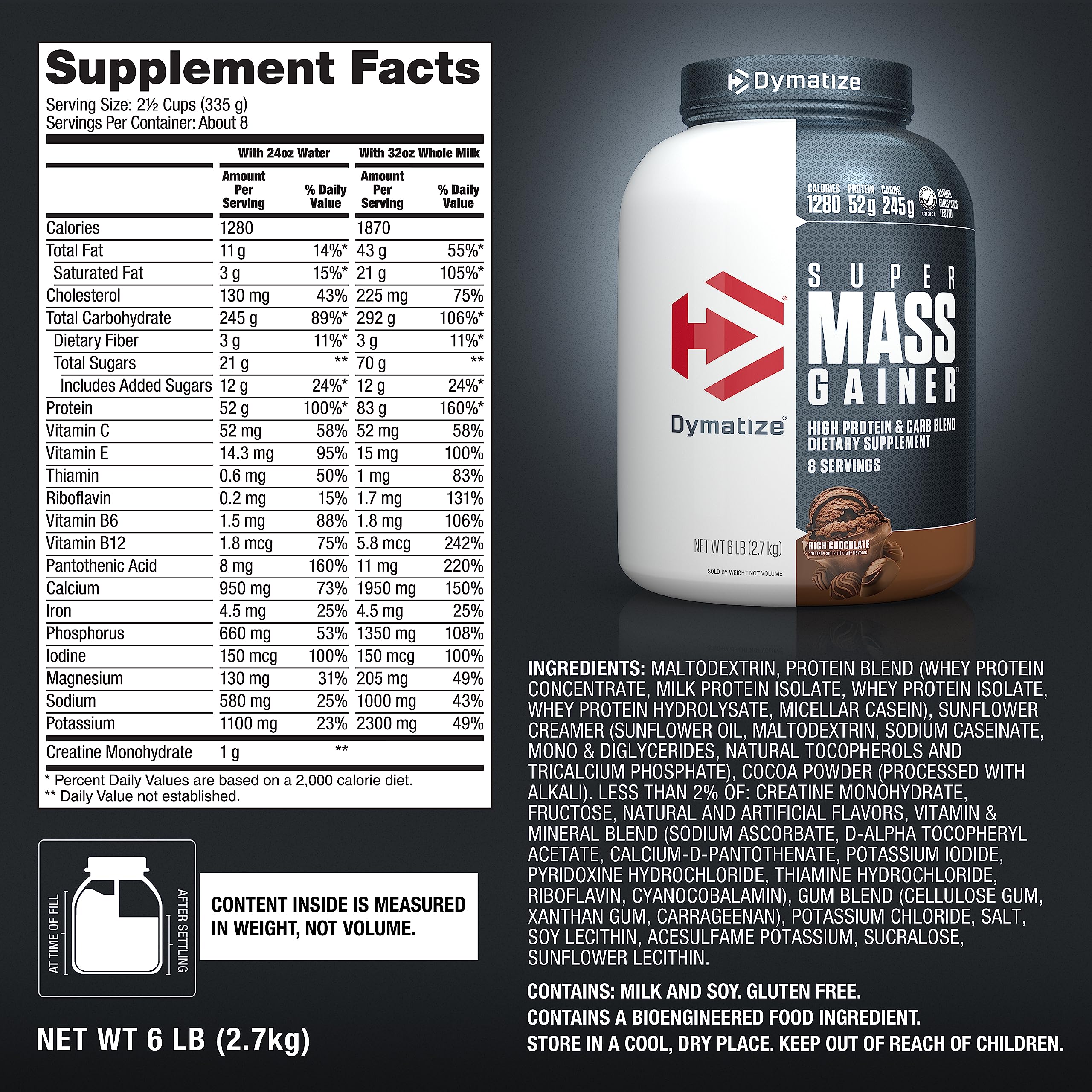 Dymatize Super Mass Gainer Protein Powder - Rich Chocolate Flavor | 52g Protein, 1280 Calories, 10.7g BCAAs | Whey Protein Isolate & Casein Blend | 8 Servings | Perfect for Muscle Building, Weight Gain & Post-Workout Recovery