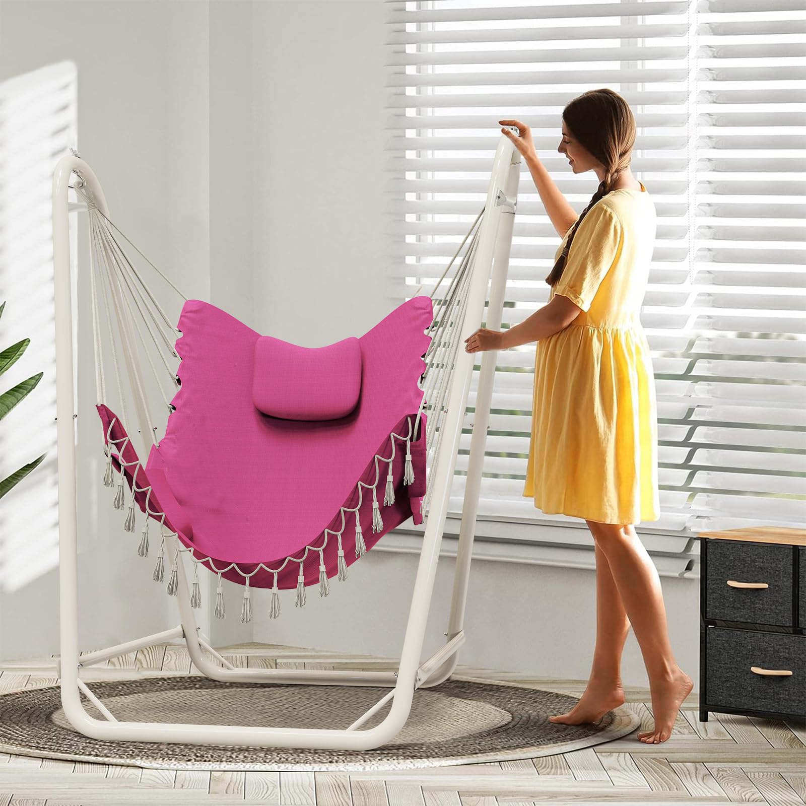 Premium Heavy-Duty Hammock Chair with Stand - 350lb Weight Capacity - Indoor/Outdoor Hanging Swing Chair (Pink) - Perfect for Patio, Garden, Balcony & Relaxation Spaces