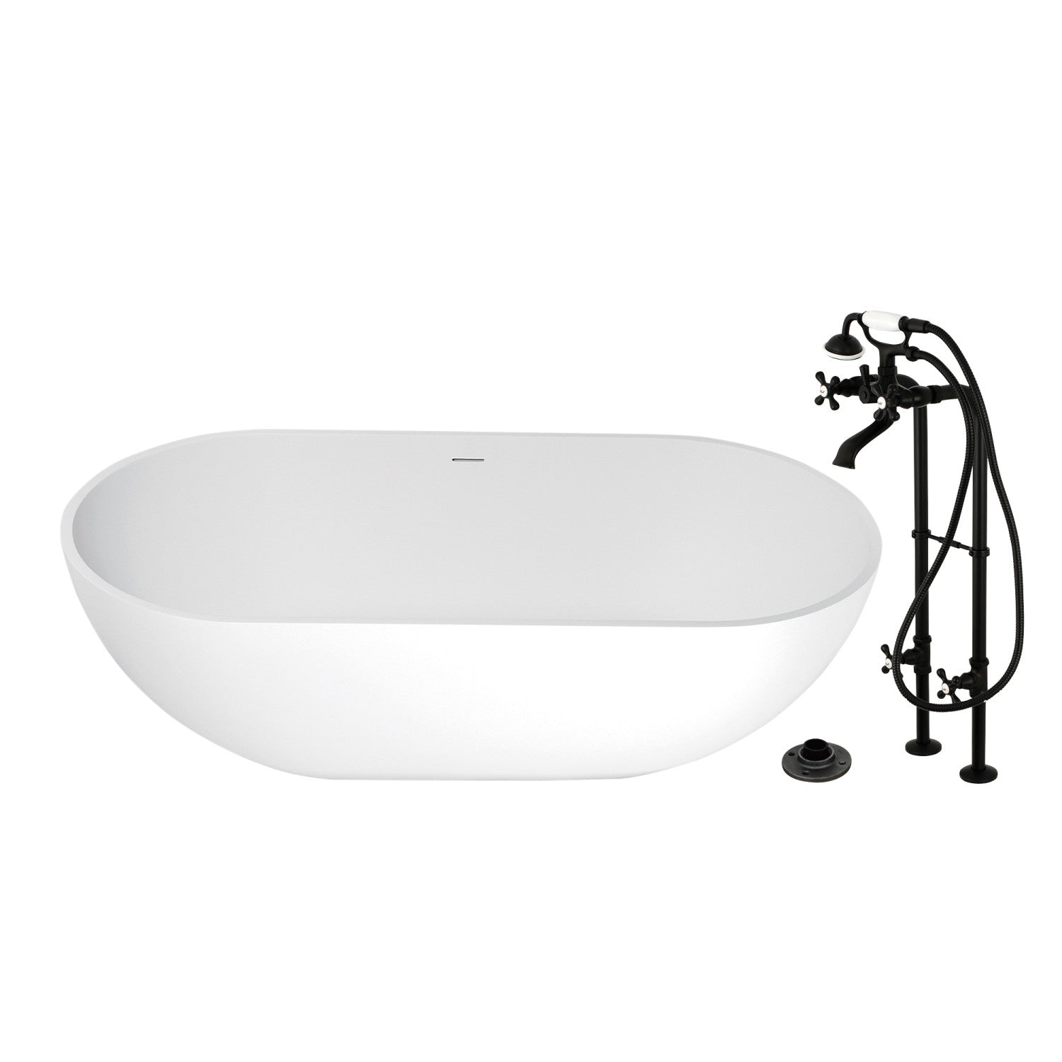 Arcticstone 70 Inch Freestanding Oval Bathtub with Matte Black Faucet Combo - Solid Surface Double Ended Soaking Tub for Luxury Bathroom Relaxation | Perfect for Spa-Like Experience at Home